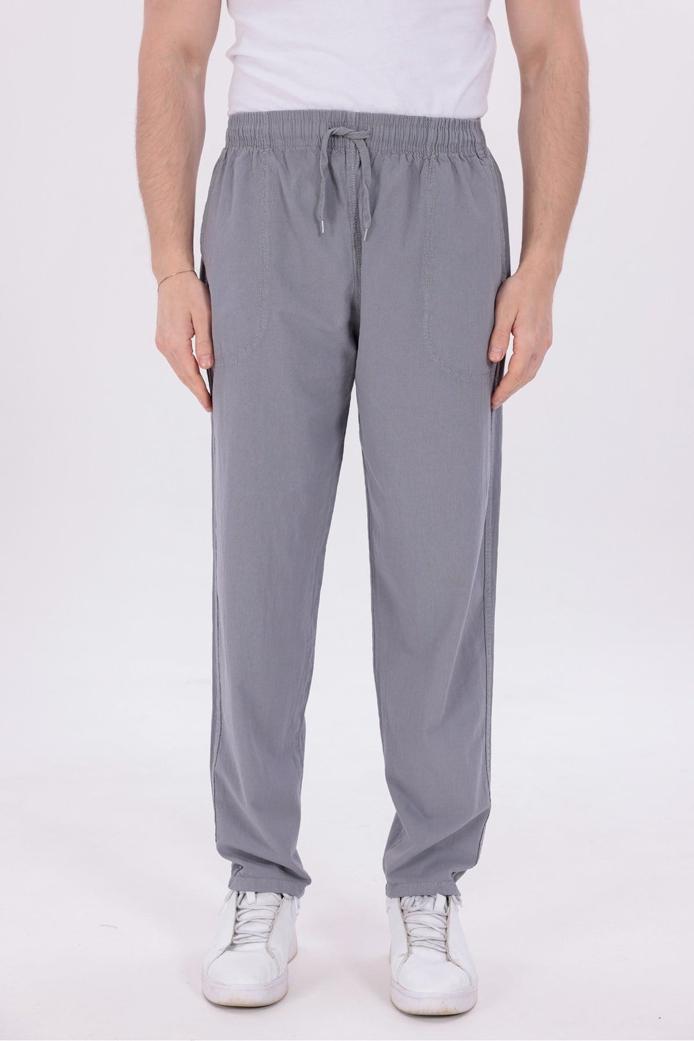 Erkek Gri Jogger Pantolon Beli Lastikli Bağcıklı %100 Pamuk Keten Baggy Rahat Günlük Pantolon