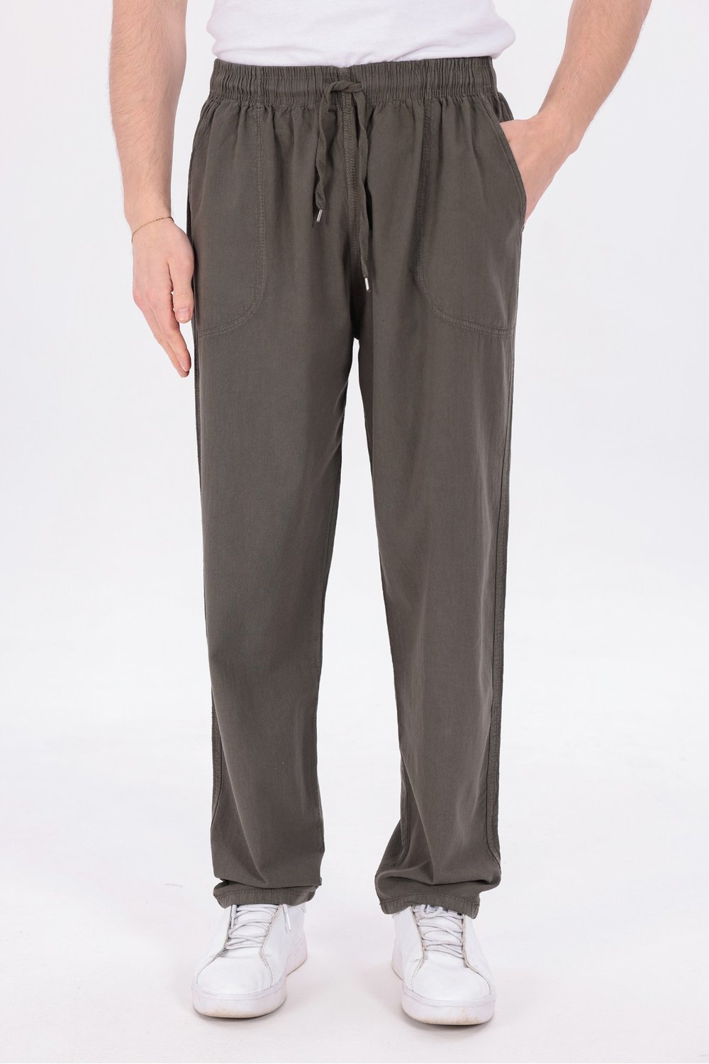 Erkek Haki Jogger Pantolon Beli Lastikli Bağcıklı %100 Pamuk Keten Baggy Rahat Günlük Pantolon