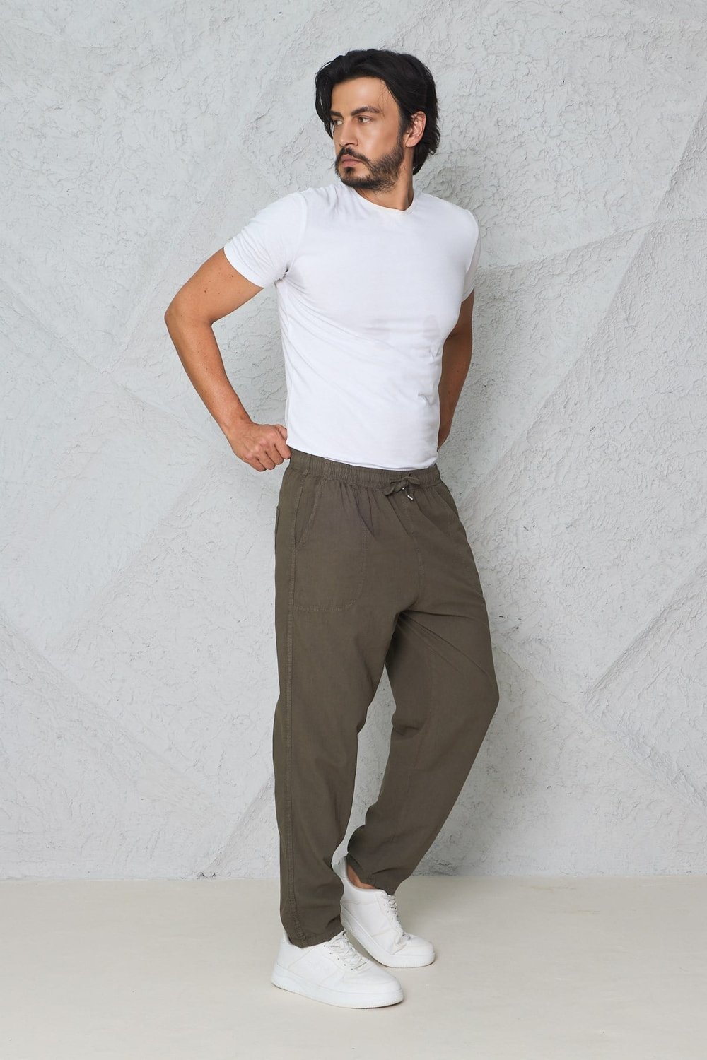 Erkek Haki Jogger Pantolon Beli Lastikli Bağcıklı %100 Pamuk Keten Baggy Rahat Günlük Pantolon