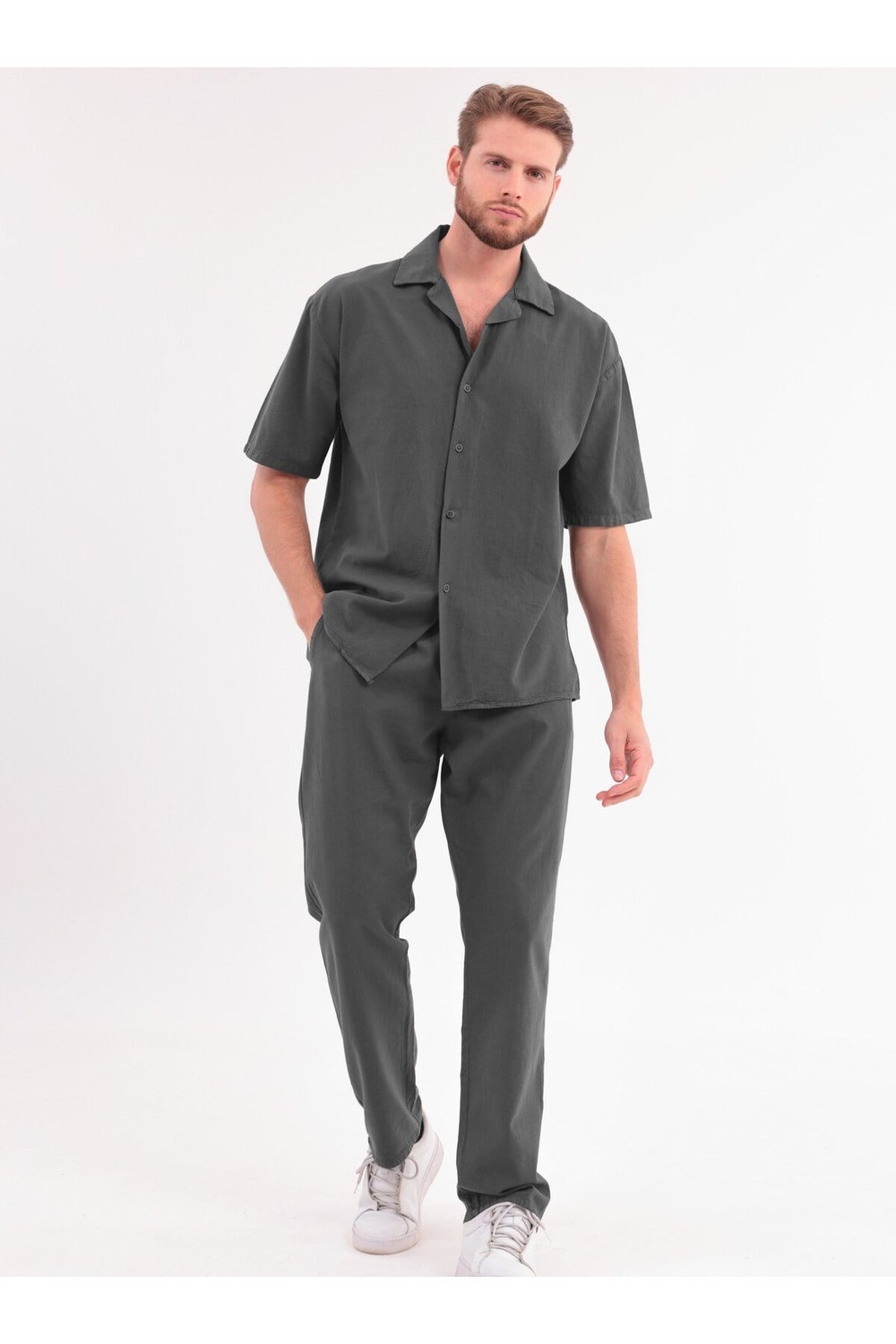 Erkek Haki Keten Takım Oversize Gömlek & Pantolon 2’li Set Bağcıklı Rahat Yazlık Kombin
