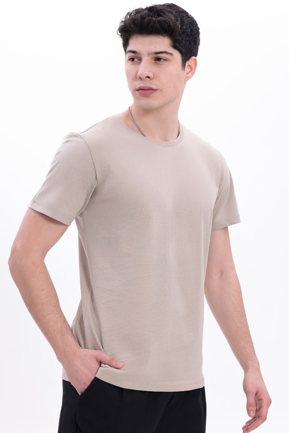 Erkek Krem Basic Tişört – Regular Fit Bisiklet Yaka %100 Pamuk 30/1 Süprem Kumaş Günlük T-Shirt