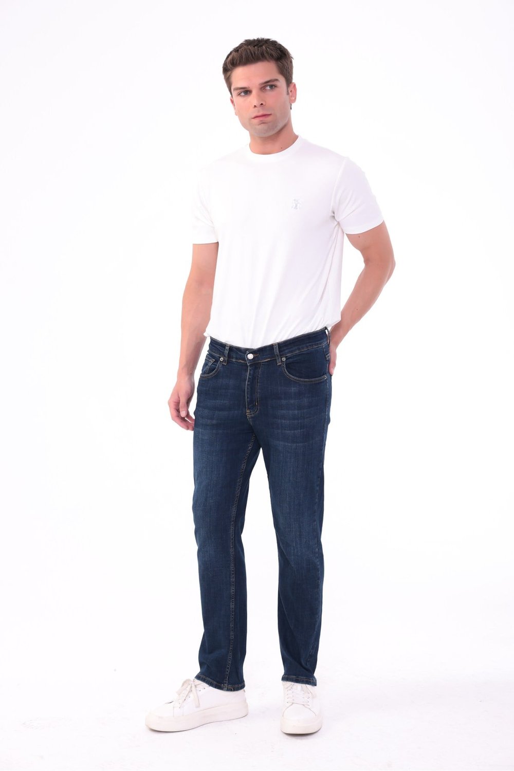 Erkek lacivert Diz İzi Yapmayan Pamuklu Esnek Denim Jean Kot Pantolon Regular Kalıp