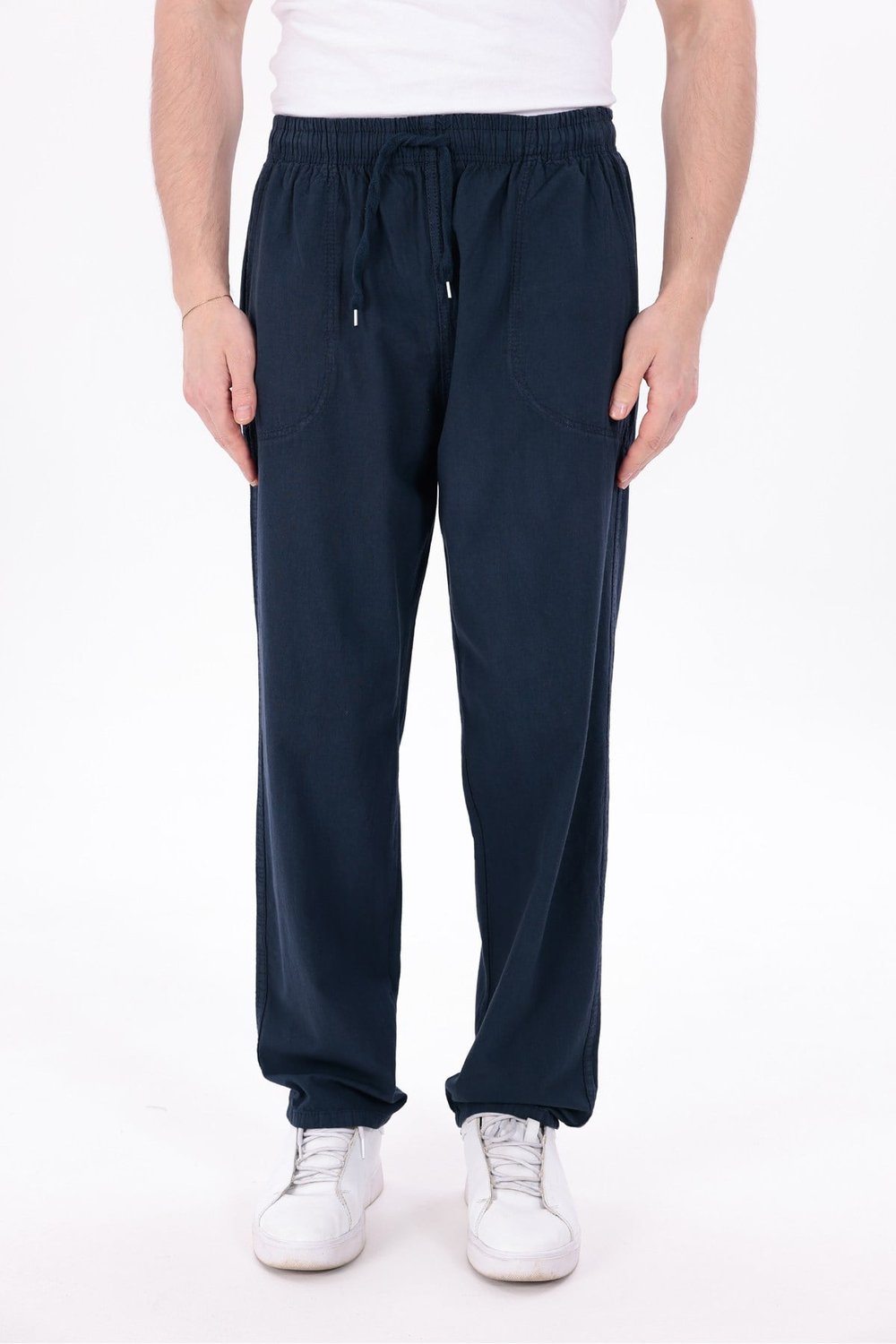 Erkek Lacivert Jogger Pantolon Beli Lastikli Bağcıklı %100 Pamuk Keten Baggy Rahat Günlük Pantolon