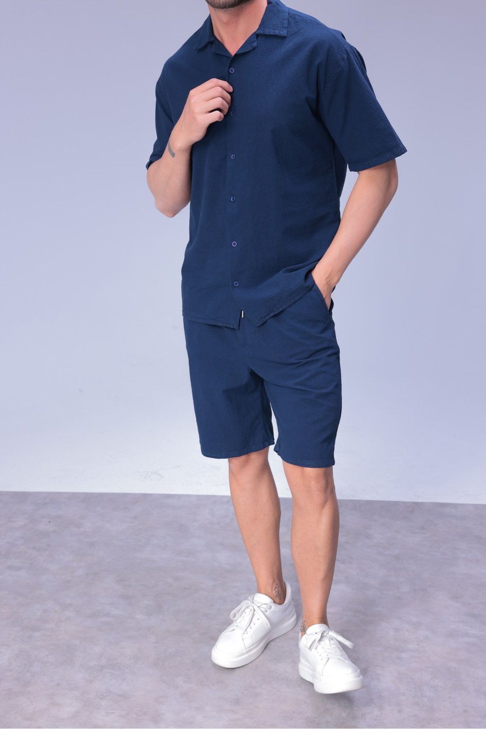 Erkek Rahat Kalıp Cepli Keten Gömlek ve Beli Lastikli Şort Yazlık Oversize Takım