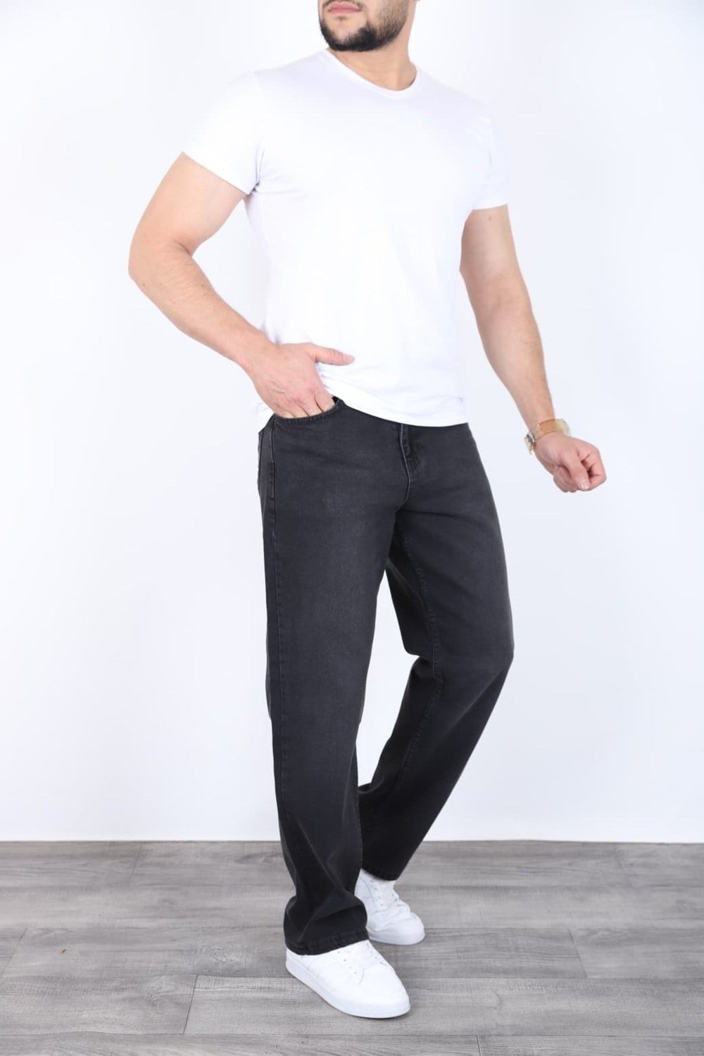 Erkek Siyah Baggy Kot Pantolon - Geniş Kalıp Günlük Rahat Denim Jean