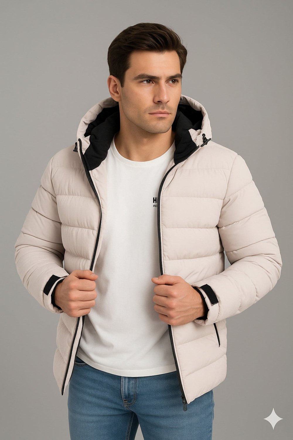 Erkek siyah içi polar Kapüşonlu Şişme günlük ve spor Mont | Kışlık, Rahat ve Suya Dayanıklı