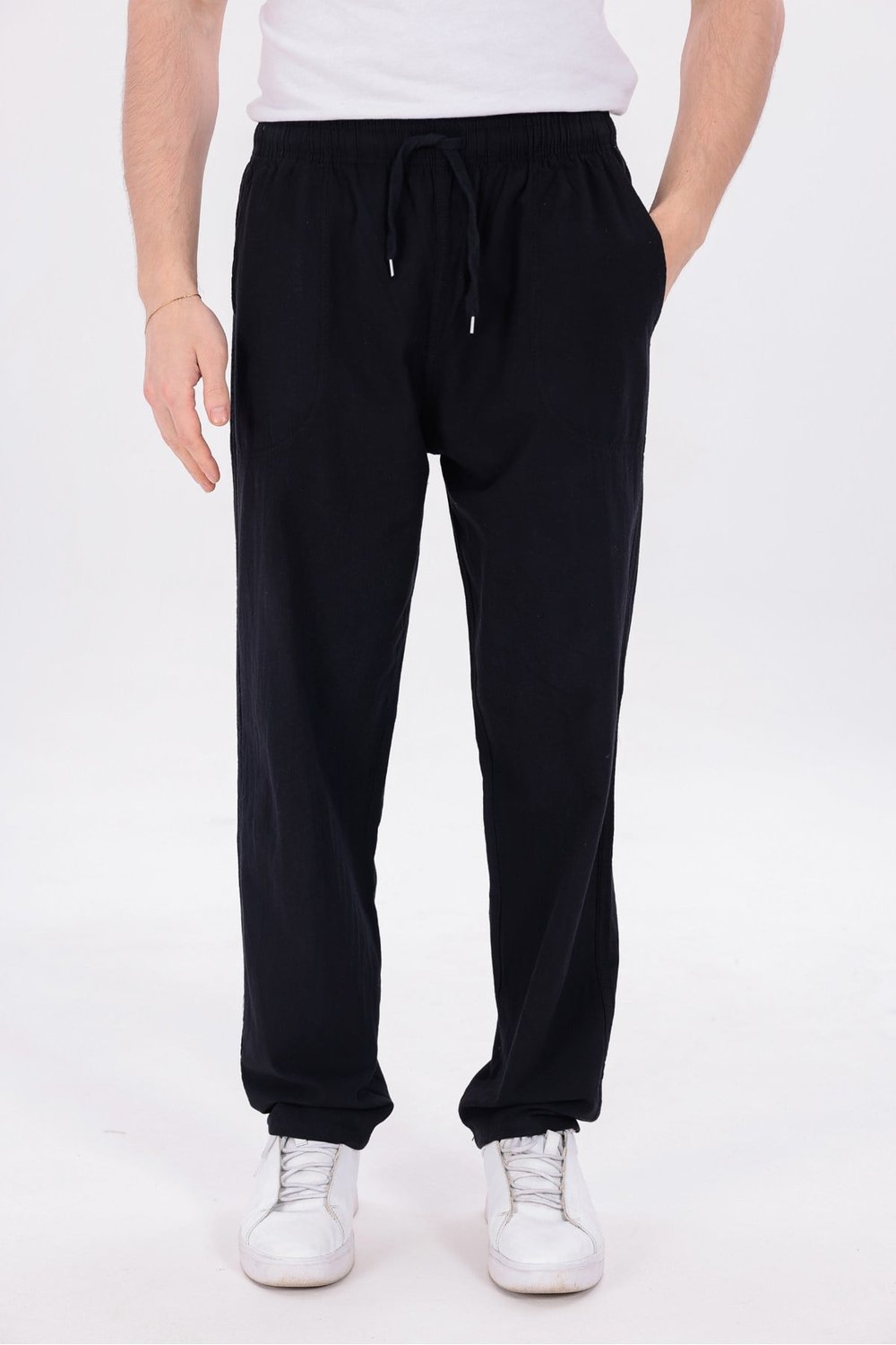 Erkek Siyah Jogger Pantolon Beli Lastikli Bağcıklı %100 Pamuk Keten Baggy Rahat Günlük Pantolon