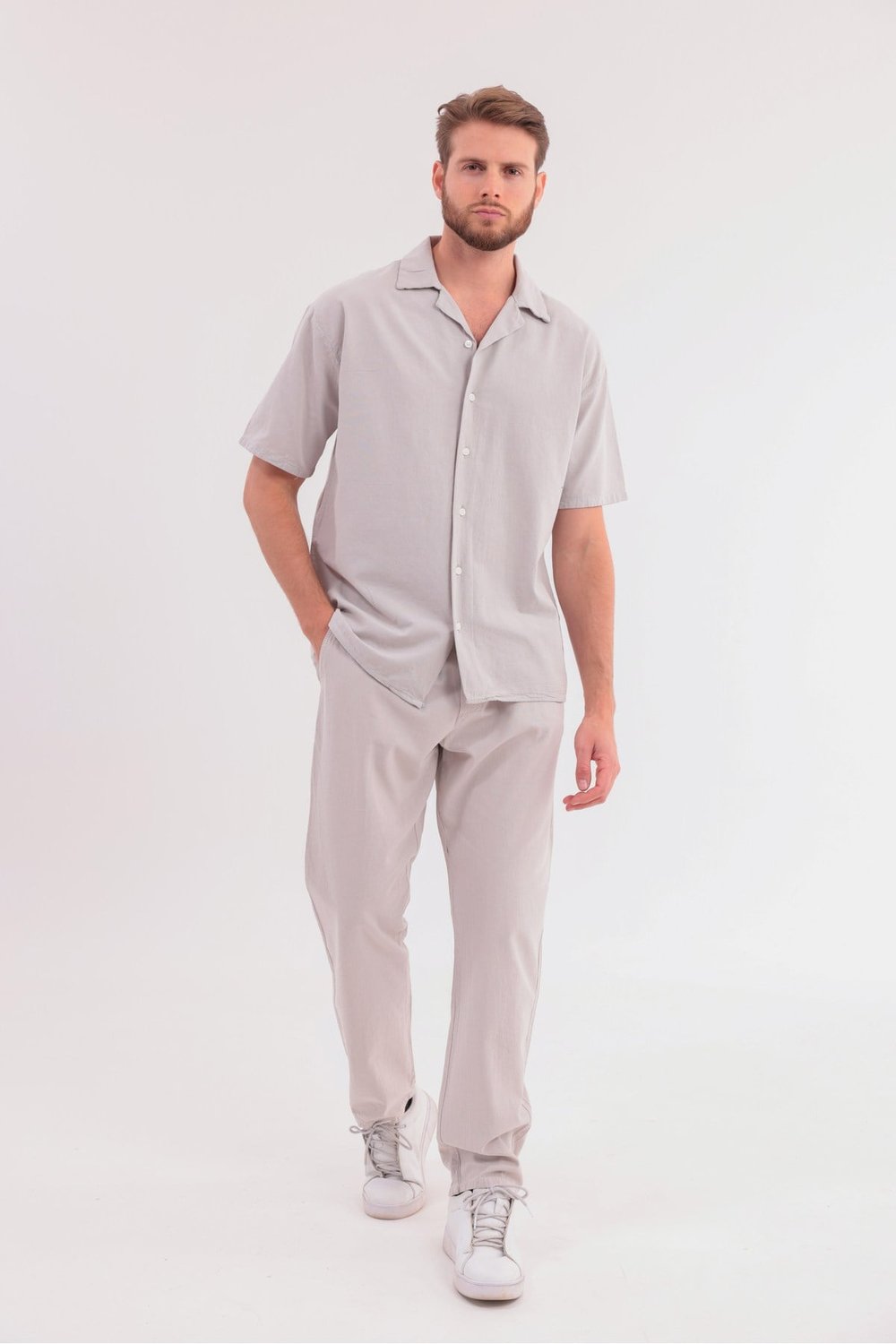 Erkek Taş Keten Takım Oversize Gömlek & Pantolon 2’li Set Bağcıklı Rahat Yazlık Kombin