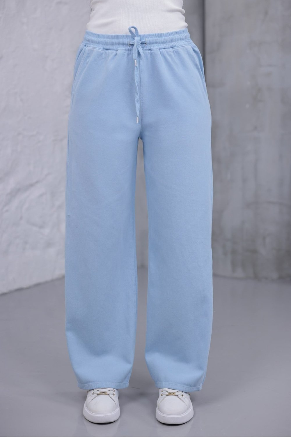 Kadın Mavi Baggy Keten Pantolon Lastikli Bel Bağcıklı Rahat Geniş Paça Yazlık Pantolon