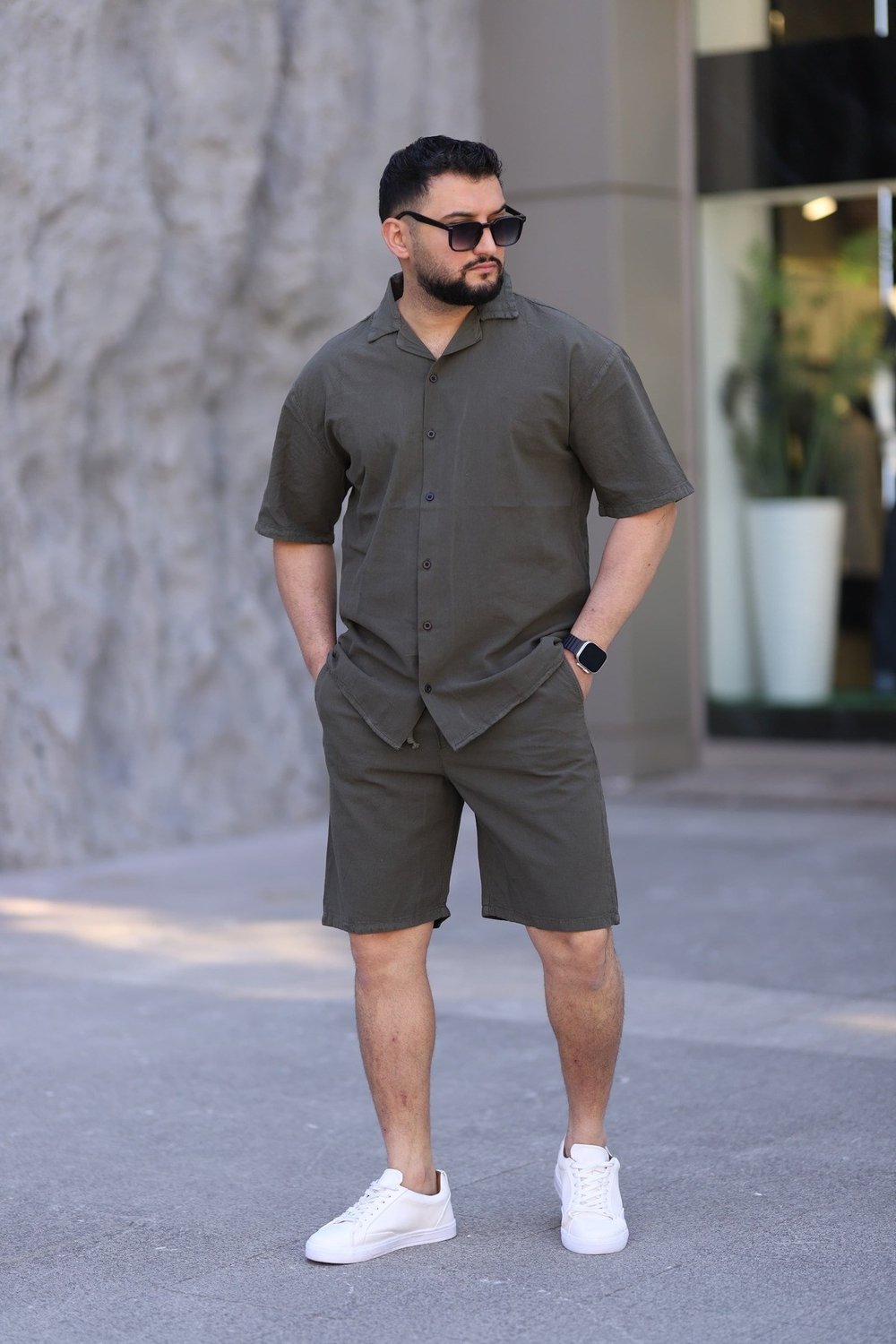 Koyu Haki Renk Gömlek Şort Erkek Keten Takım Oversize Kalıp