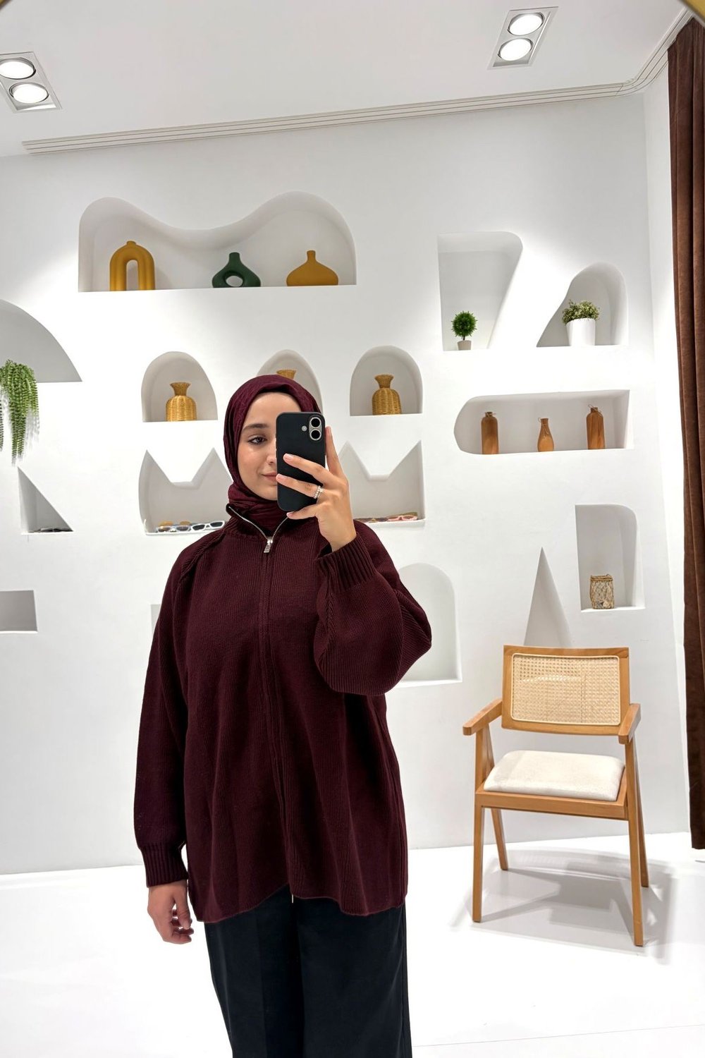  Fermuarlı Oversize Triko Hırka - Mürdüm