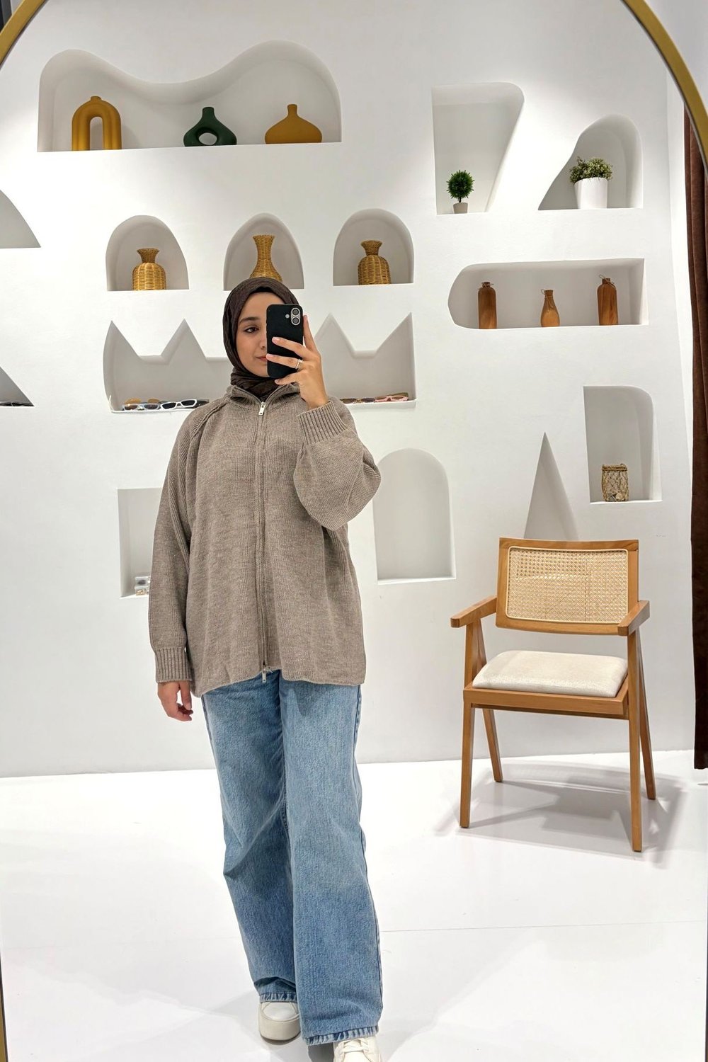  Fermuarlı Oversize Triko Hırka - Vizon