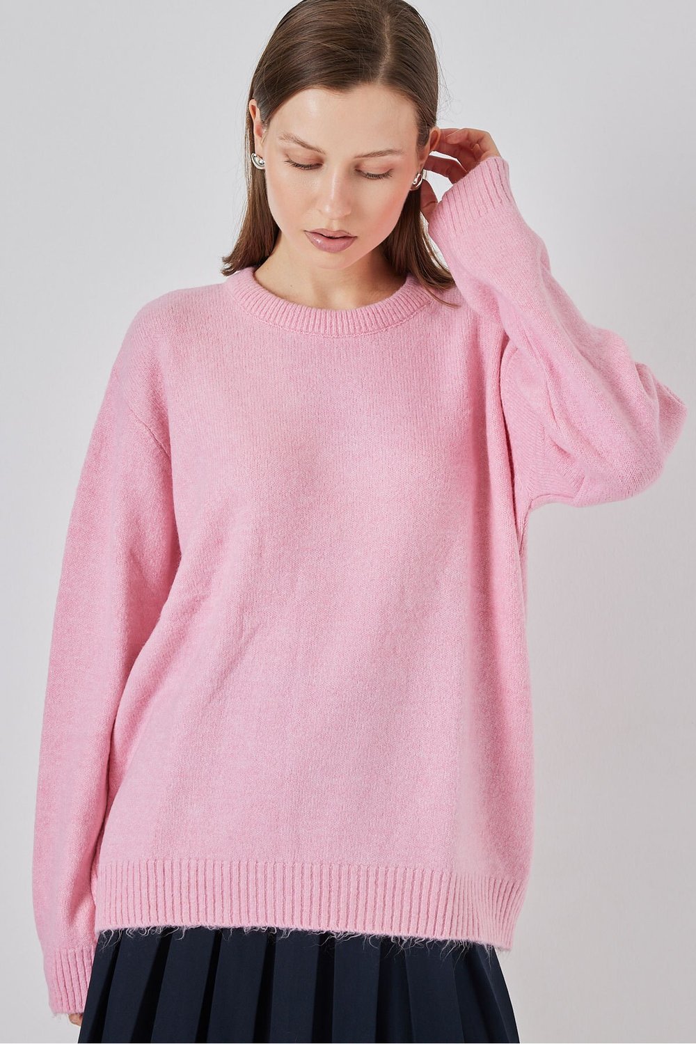 15895 Kadın Oversize Triko Kazak - A. Pembe