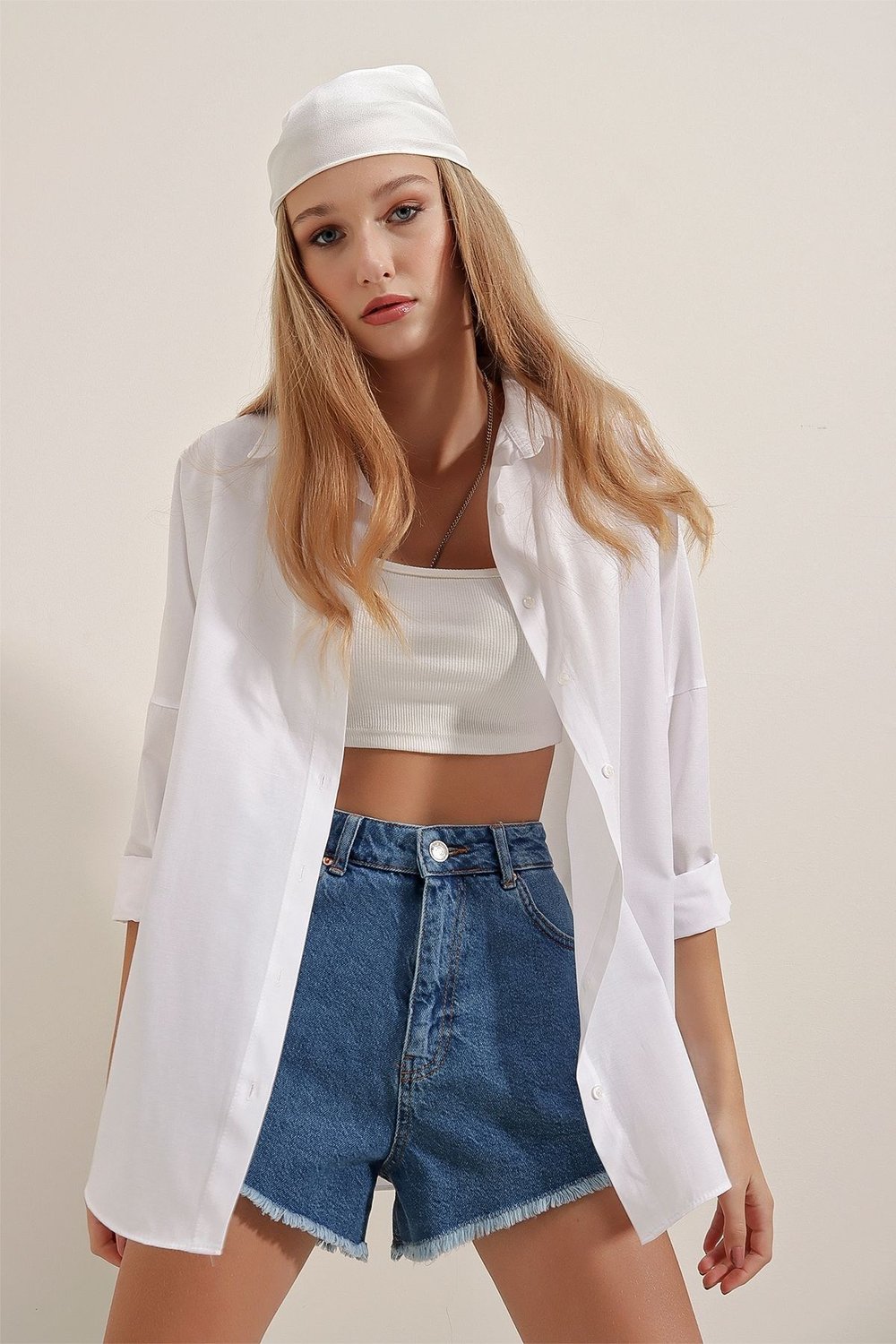 3900 Oversize Uzun Basic Gömlek - Beyaz