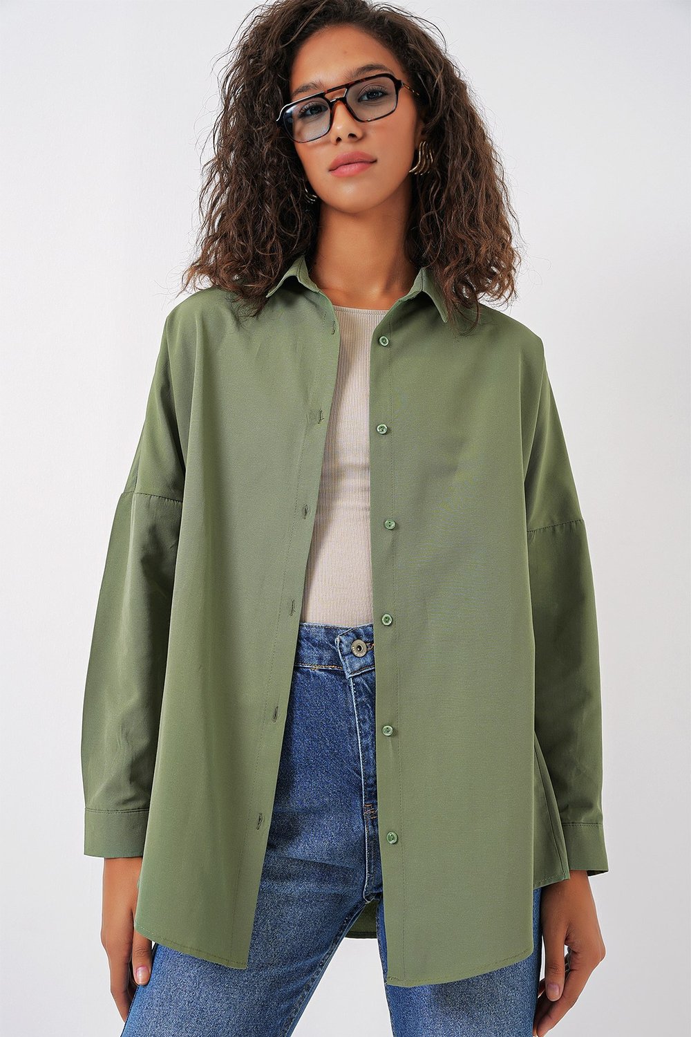 3900 Oversize Uzun Basic Gömlek - Haki