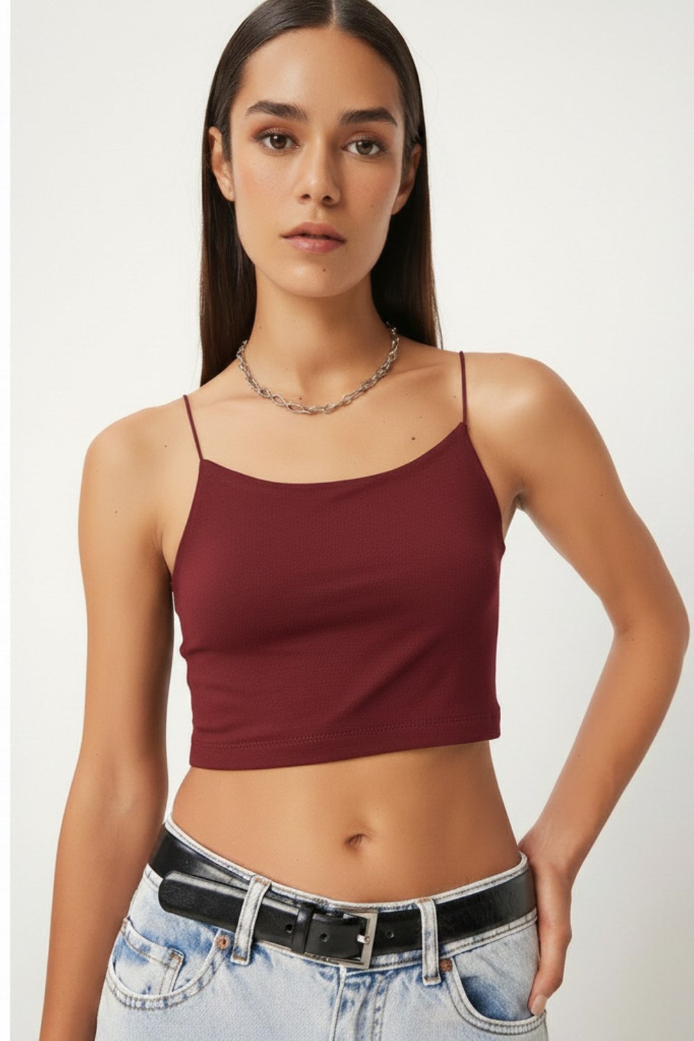 İp Askılı Crop Büstiyer - Bordo