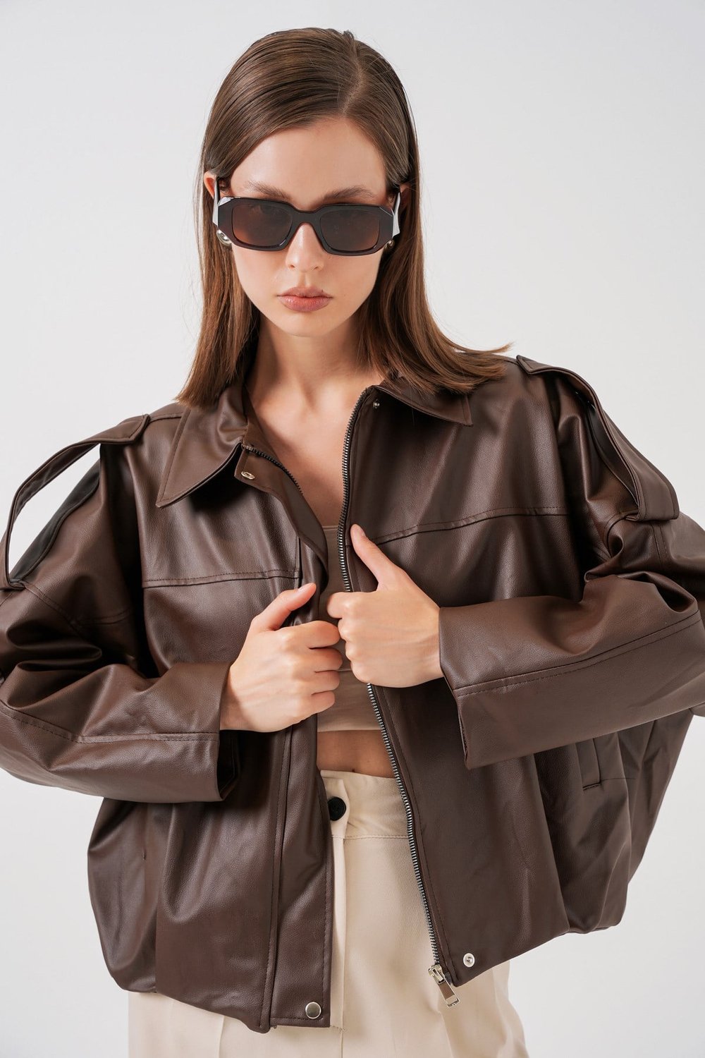 Kadın Oversize Deri Ceket 1055 - Kahverengi