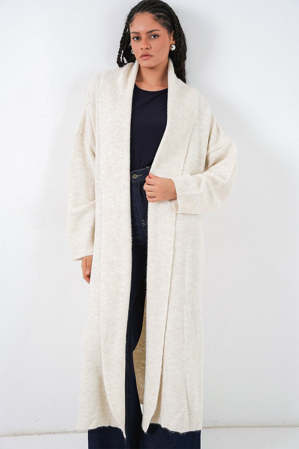 Kadın Uzun Oversize Triko Hırka 15924 - Ekru