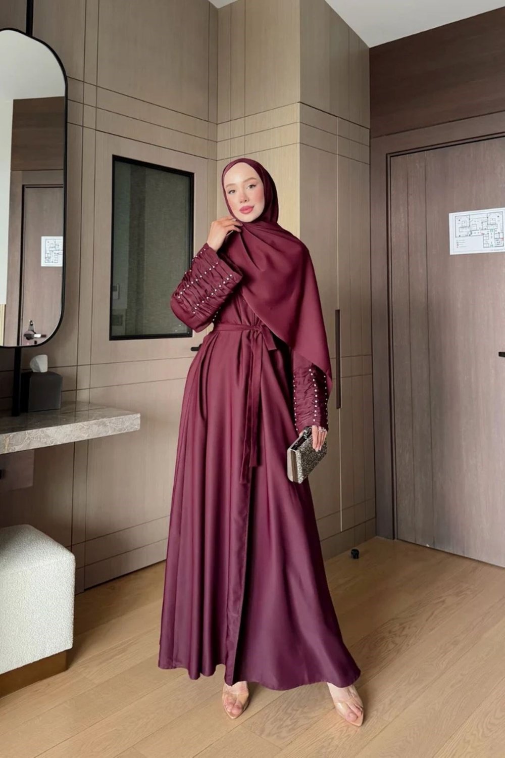 Kolları Taş Büzgü Detaylı Abaya (Şal dahildir)- Burgonya