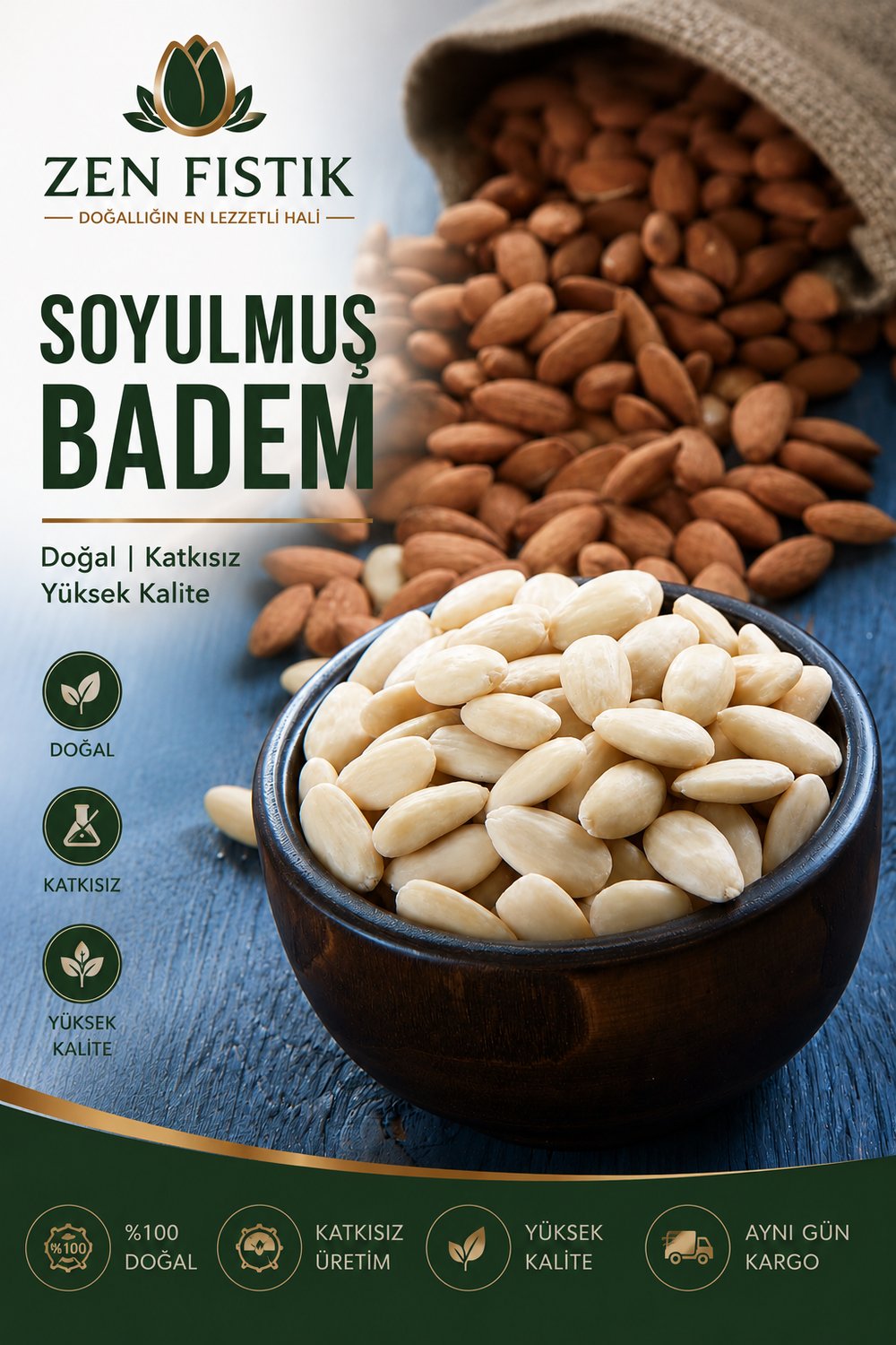 Zen Fıstık Soyulmuş Badem (Premium Kalite) 1000Gr