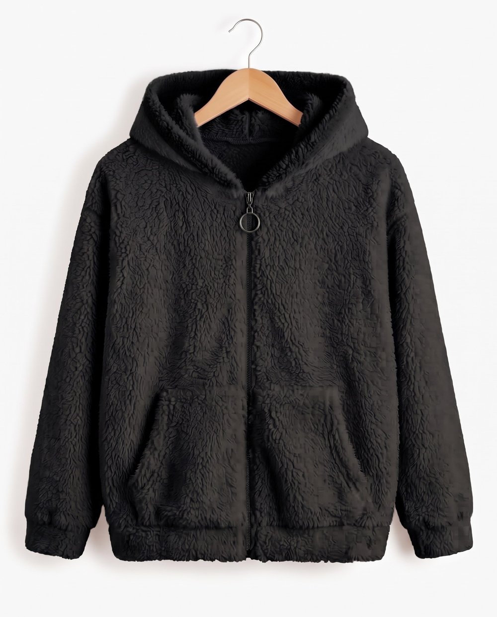 15603-1 Kapüşonlu Fermuarlı Unisex Peluş Hırka (8-12) SİYAH
