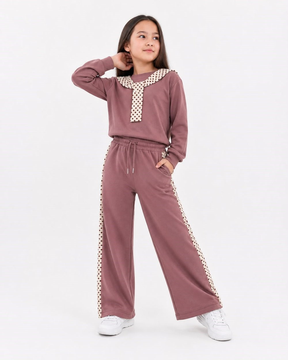 1640 Puantiye Detaylı Fularlı Kız Çocuk Takım GÜL KURUSU