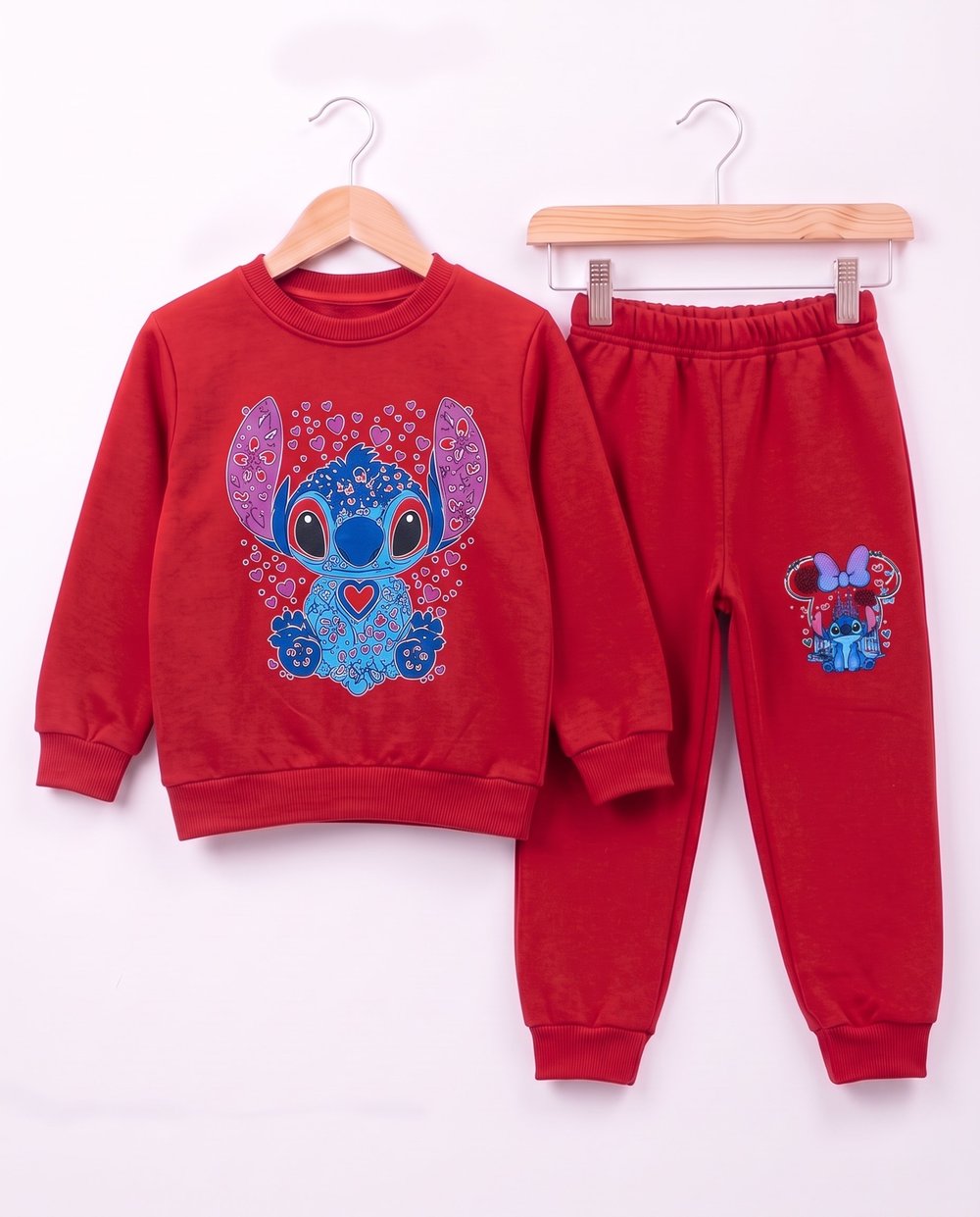 4669 Stitch Baskılı İki İp Şardonlu Kız Çocuk Takım KIRMIZI