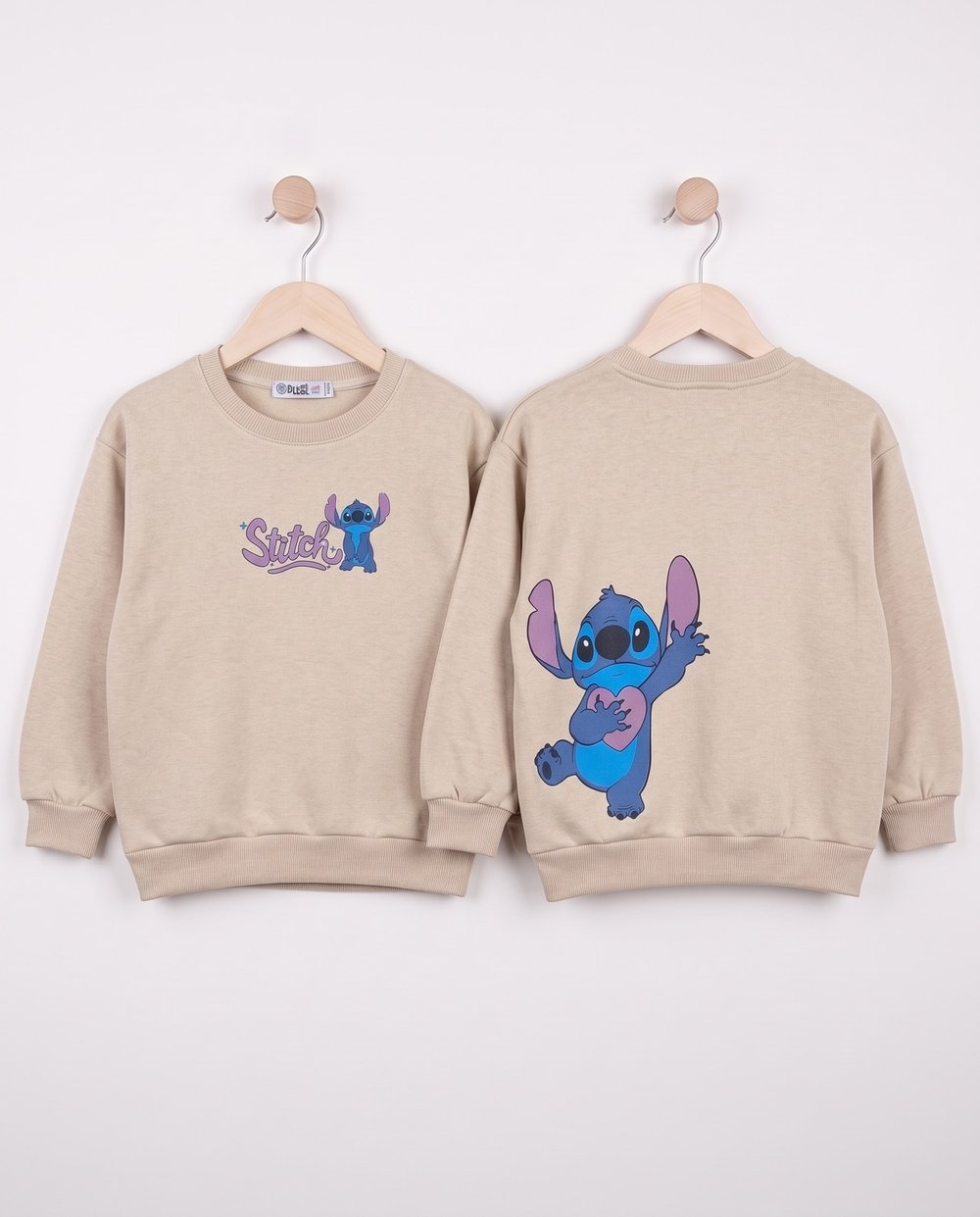 4679 Stitch Ön Arka Baskılı Kompakt 3 İp Kız Sweat BEJ