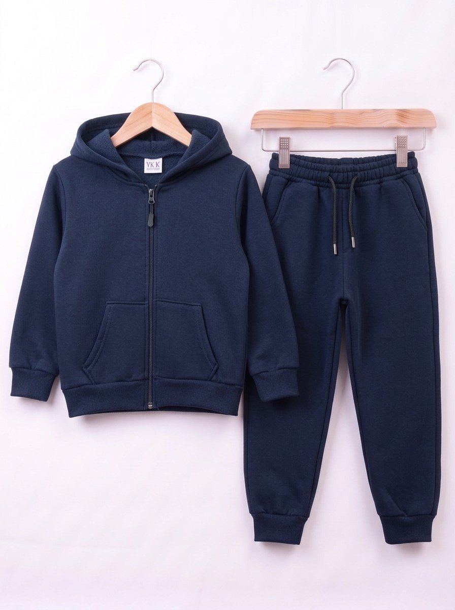 4692 Kapüşonlu Fermuarlı 3 İp Polar Unisex Takım LACİVERT