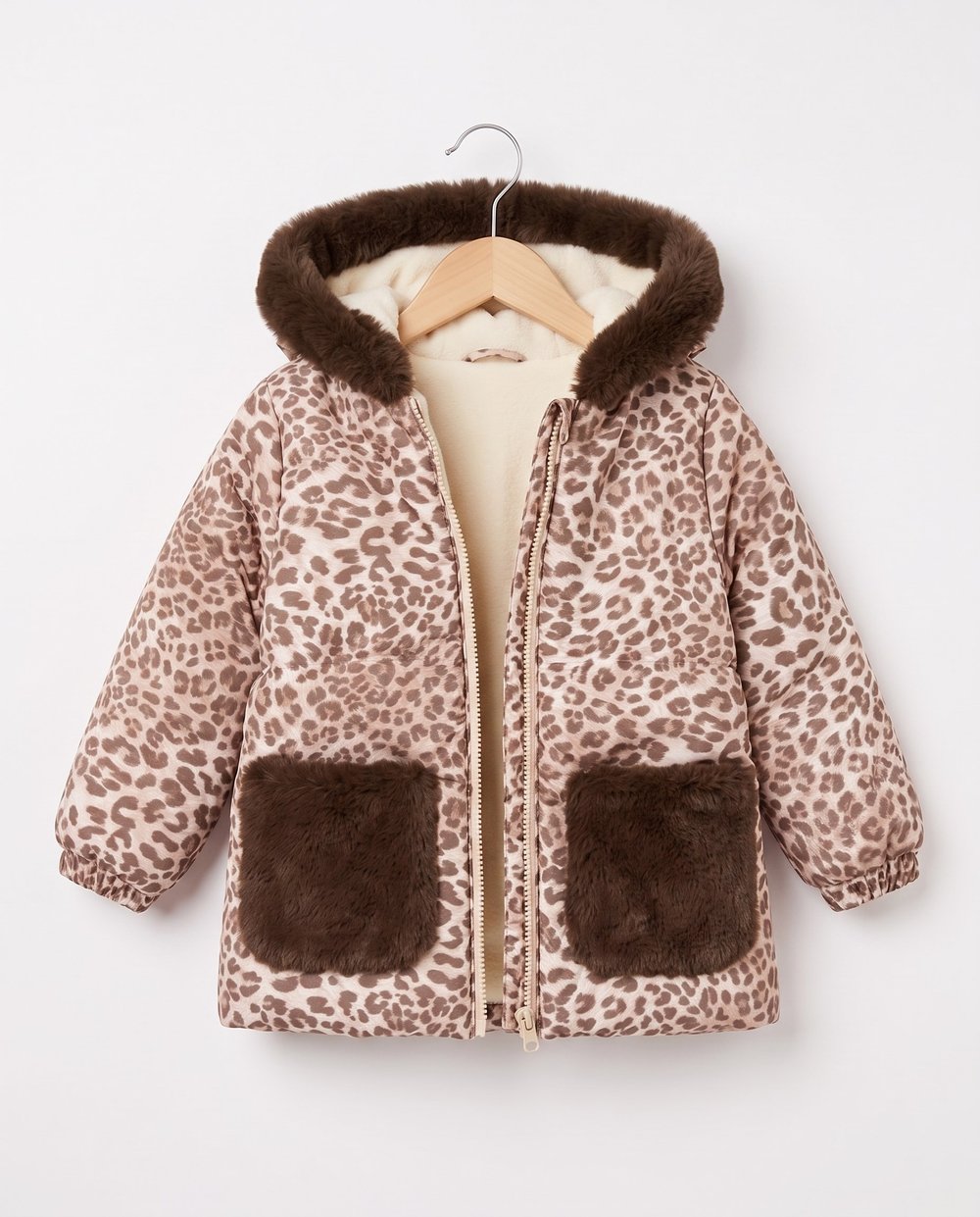 50433-1 Leopar Desenli Peluş Cepli Kız Çocuk Mont KAHVE