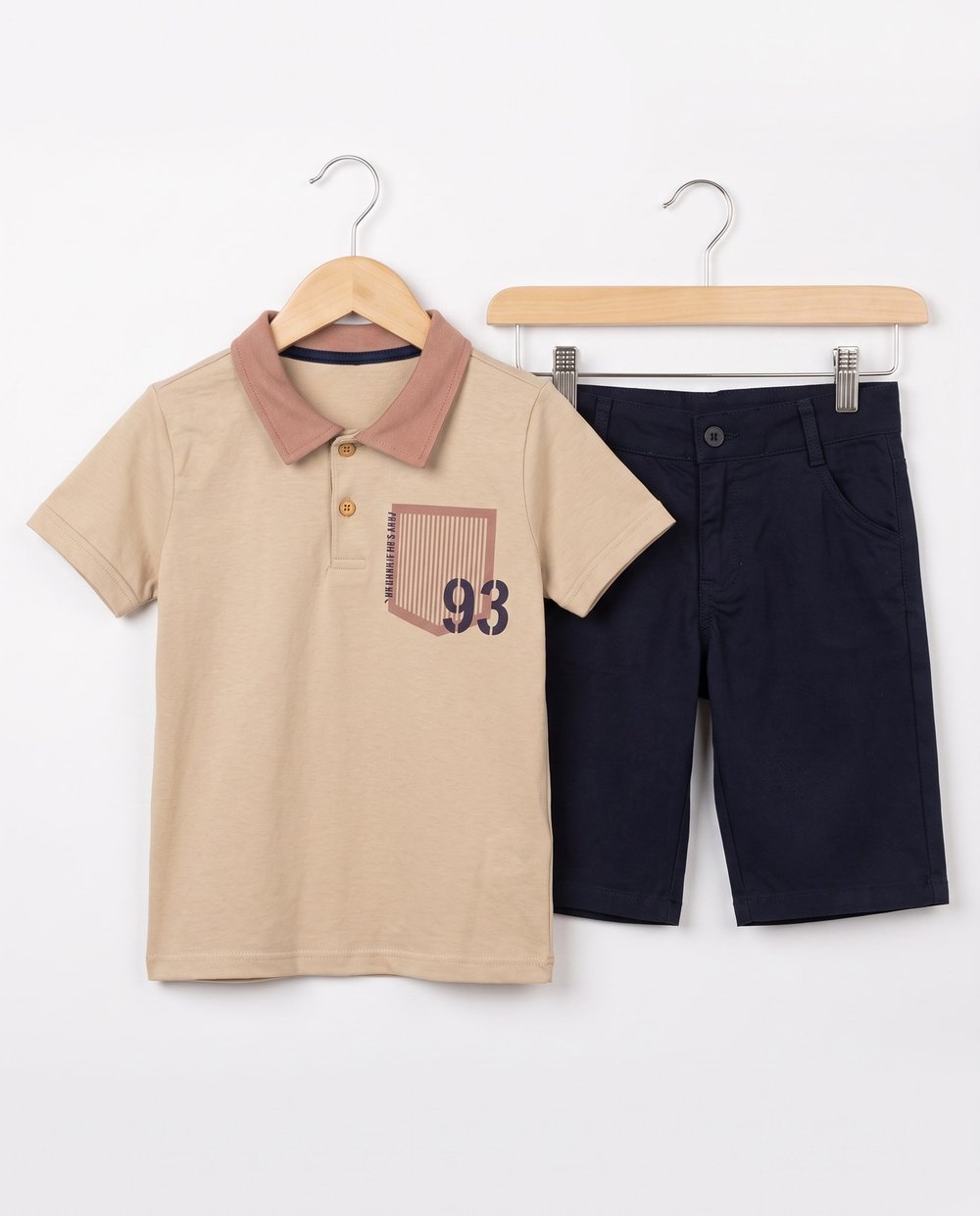 771-1 Polo Yaka Keten Şortlu Erkek Çocuk Takım BEJ