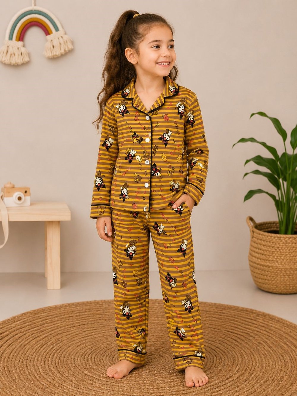 W4554 DÜĞMELİ KUROMİ PİJAMA TAKIMI SARI