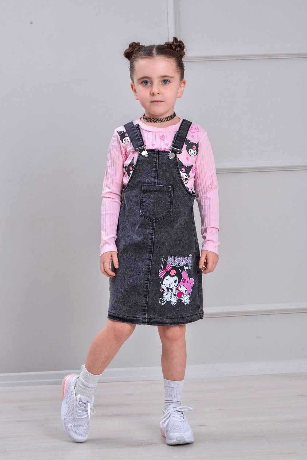 W4556 İKİLİ KUROMİ KOT ELBİSE AÇIK PEMBE