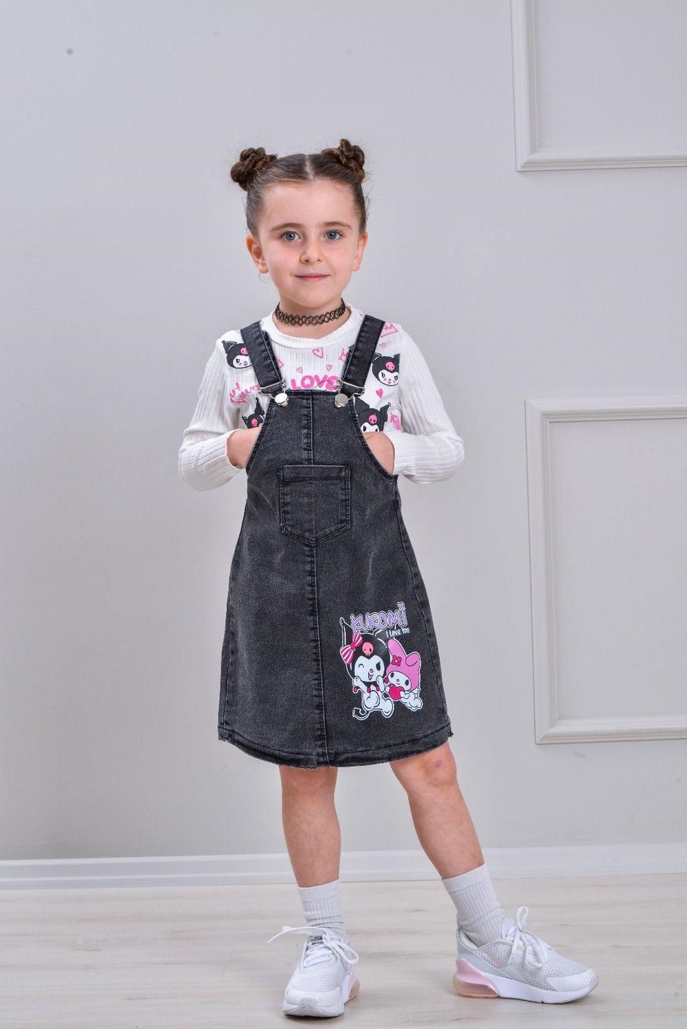 W4556 İKİLİ KUROMİ KOT ELBİSE KREM