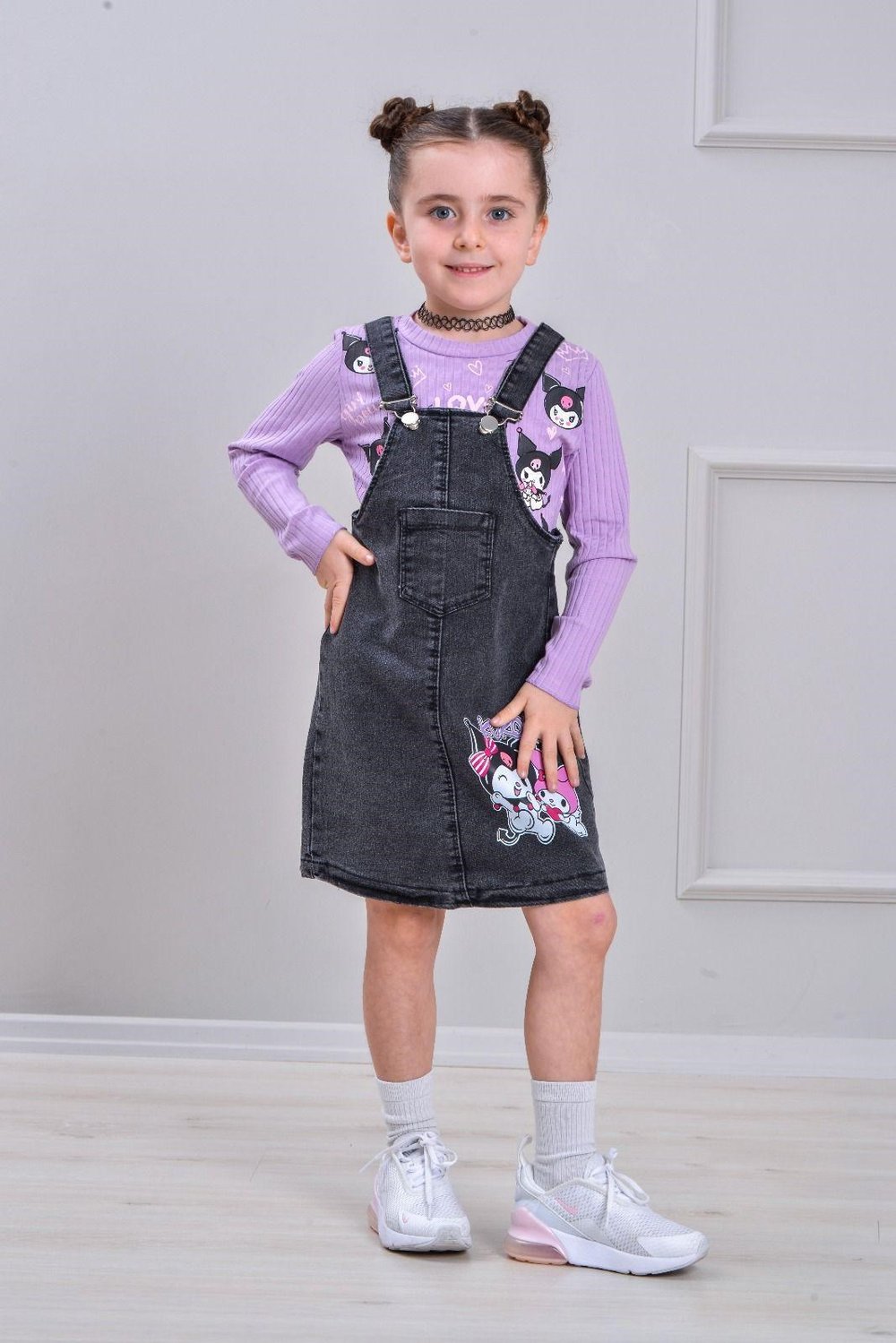 W4556 İKİLİ KUROMİ KOT ELBİSE MOR