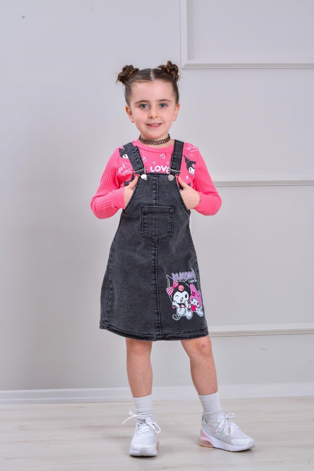 W4556 İKİLİ KUROMİ KOT ELBİSE PEMBE