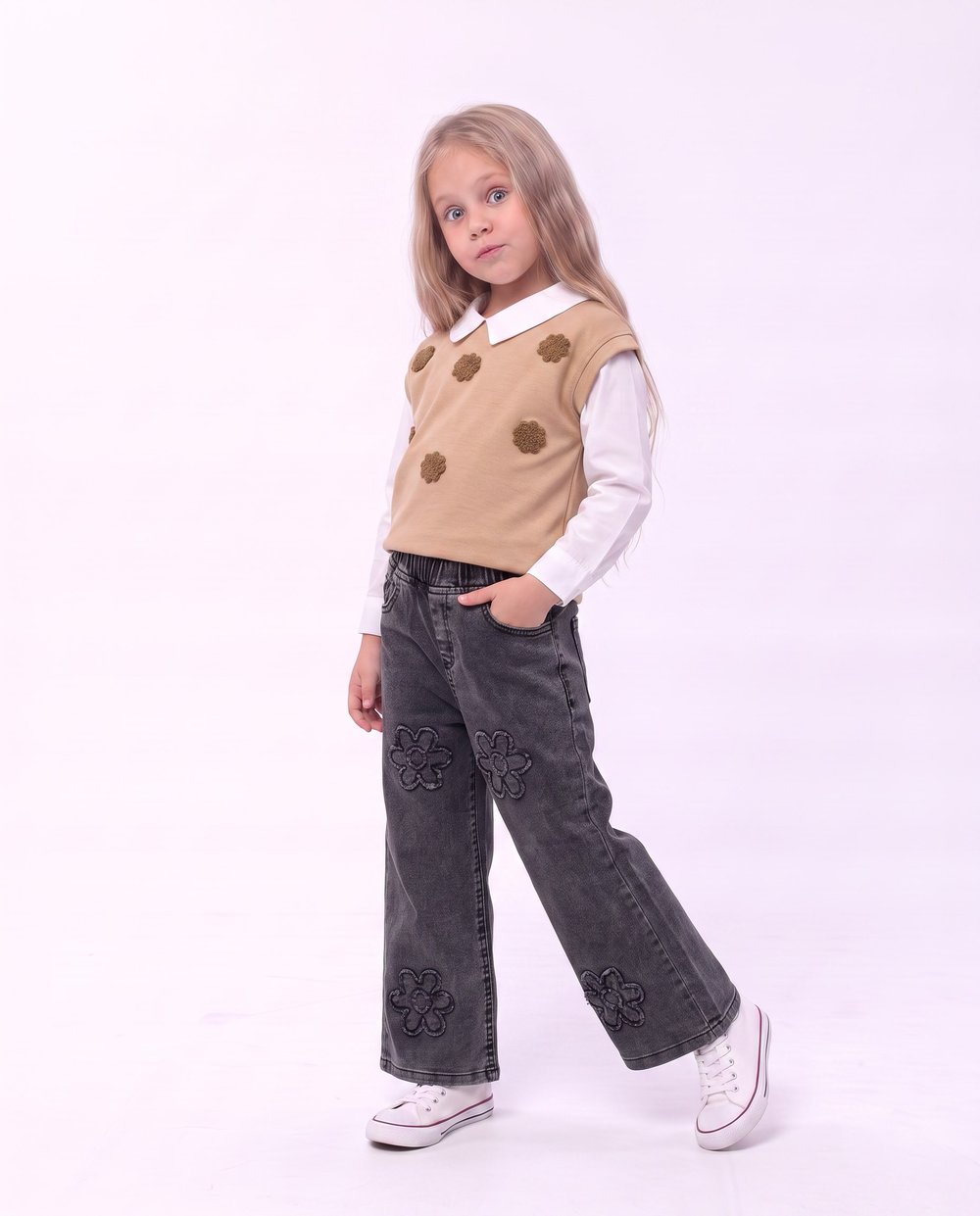 W4584 Bebe Yaka Çiçek Nakışlı Triko Takım CAMEL