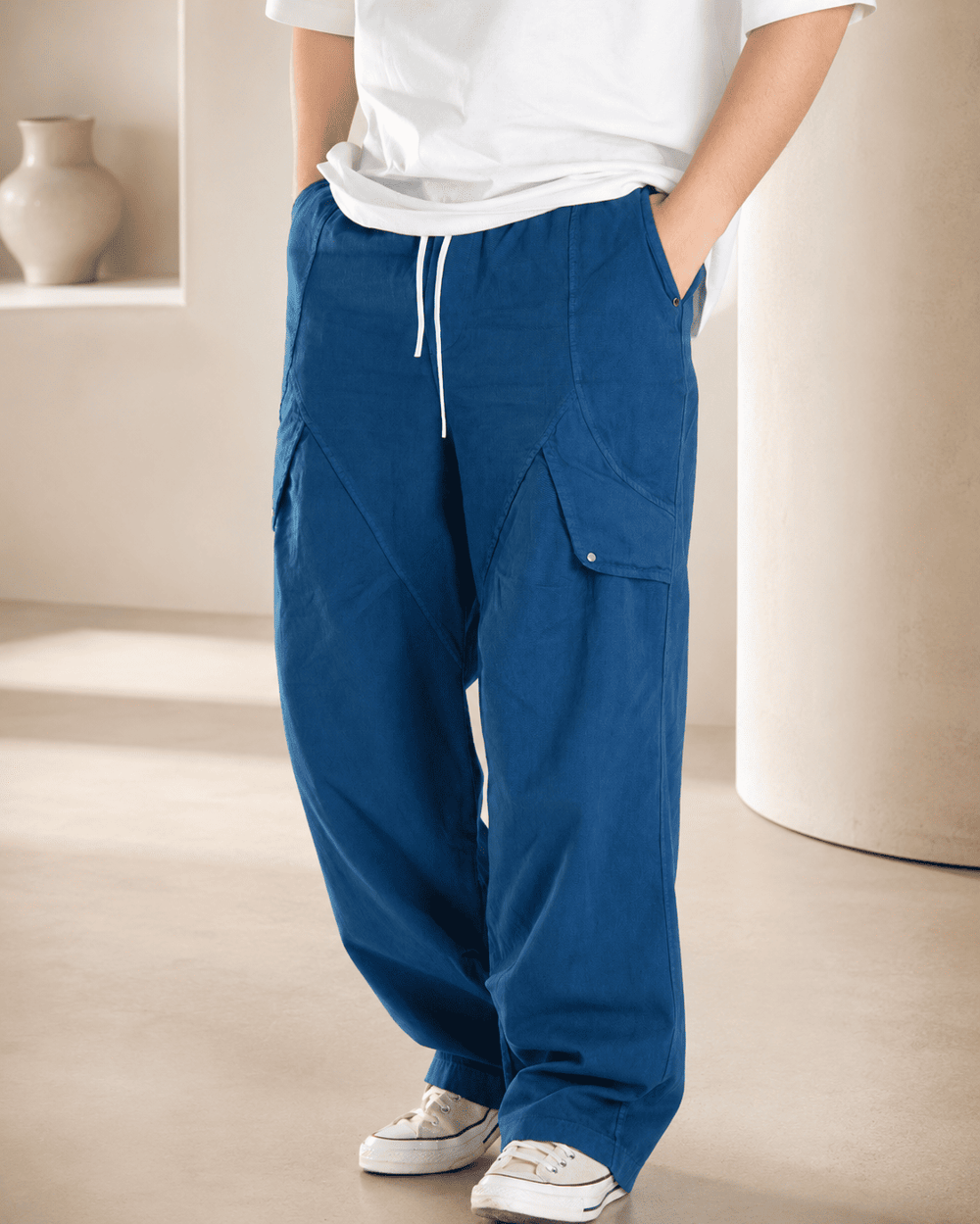 Erkek Keten Kumaş Asimetrik Ve Cep Kapağı Detaylı Baggy Pantolon