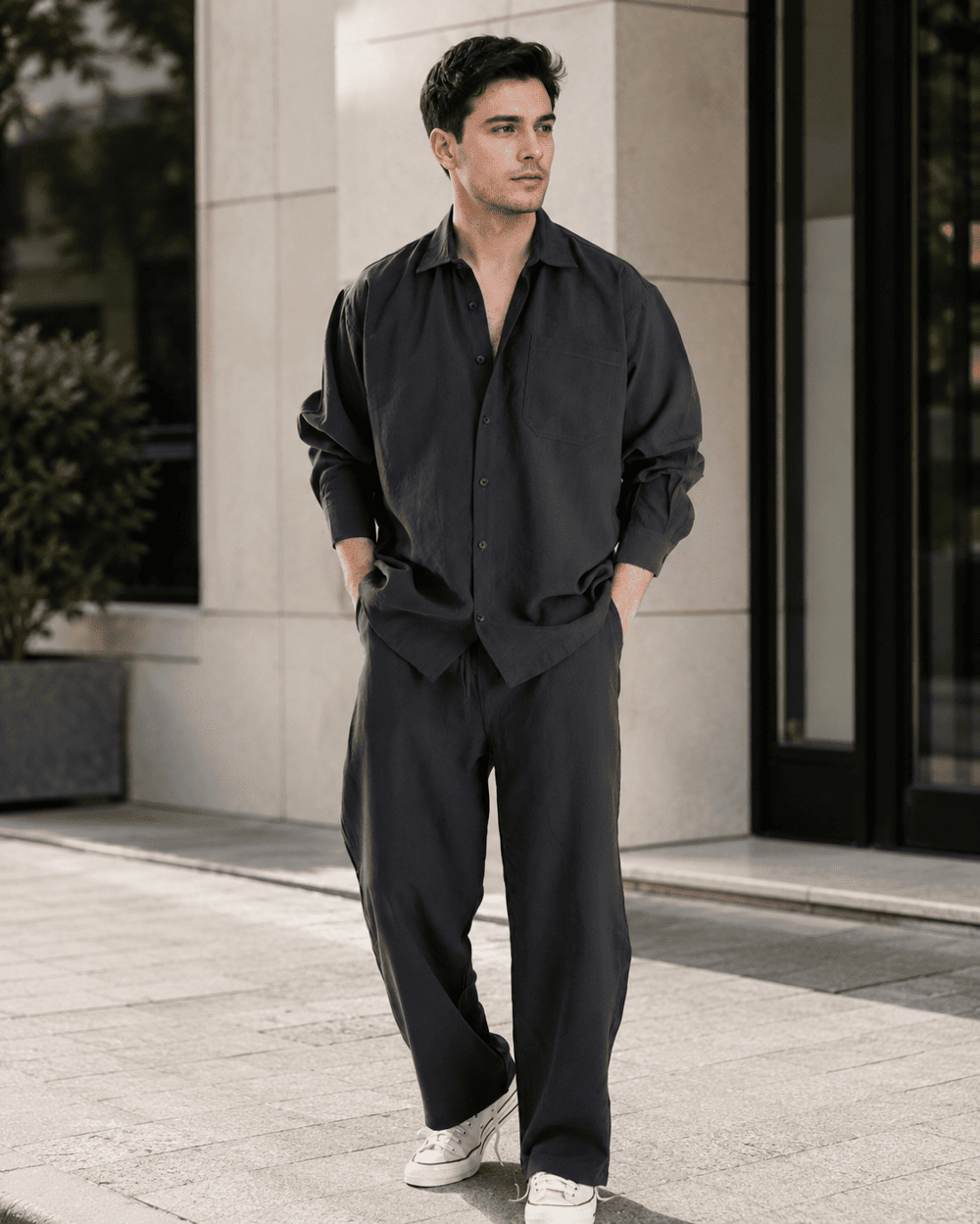 Erkek Modal Kumaş Oversize Gömlek Baggy Pantolon Takım