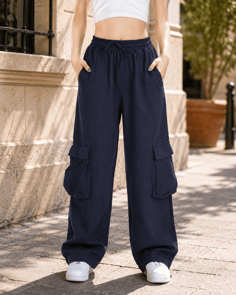 Kadın Beli Lastikli Kargo Cepli Baggy Keten Pantolon