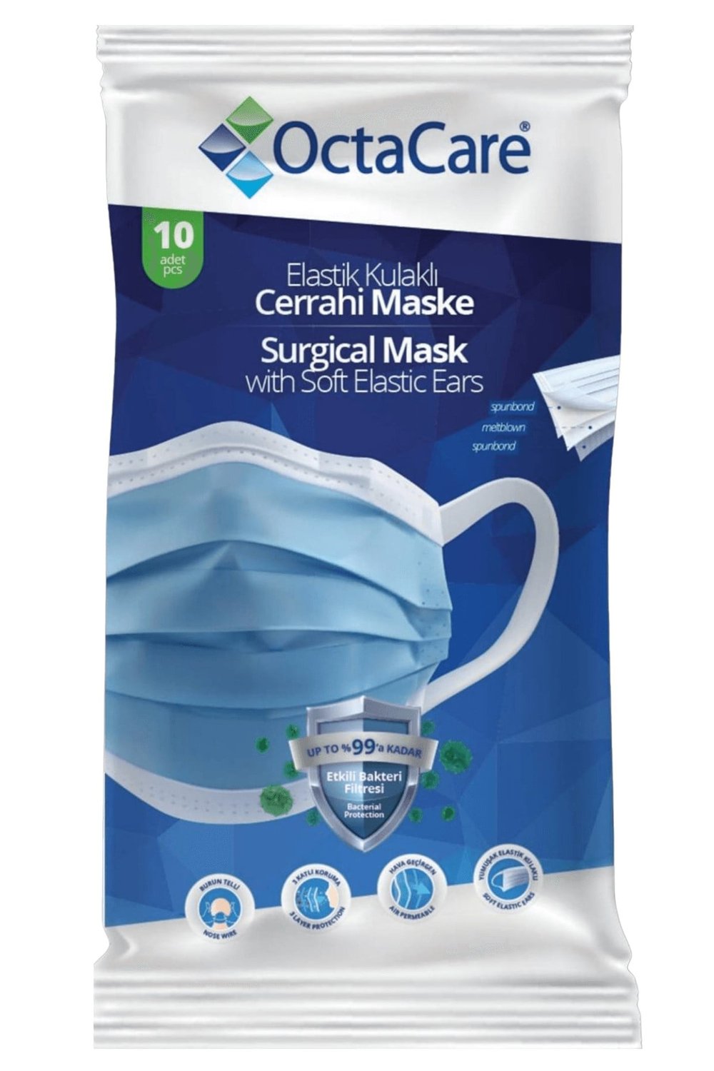 OctaCare - Elastik Kulaklı Cerrahi Maske - 10'lu
