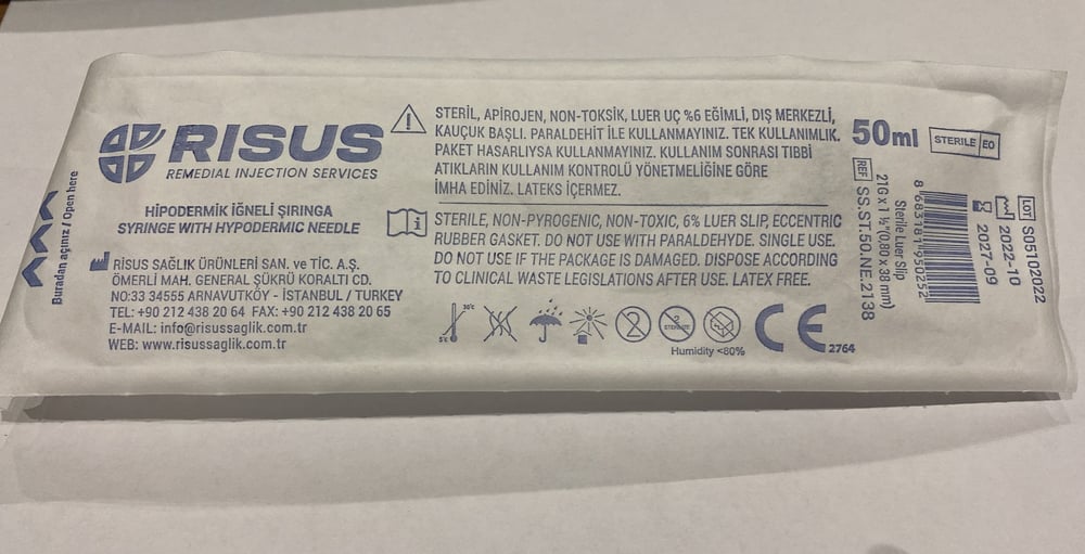Risus -  Enjektör Hipodermik İğneli Şırınga 50 ML - 3 Parça - 21G (0.80x38 mm)