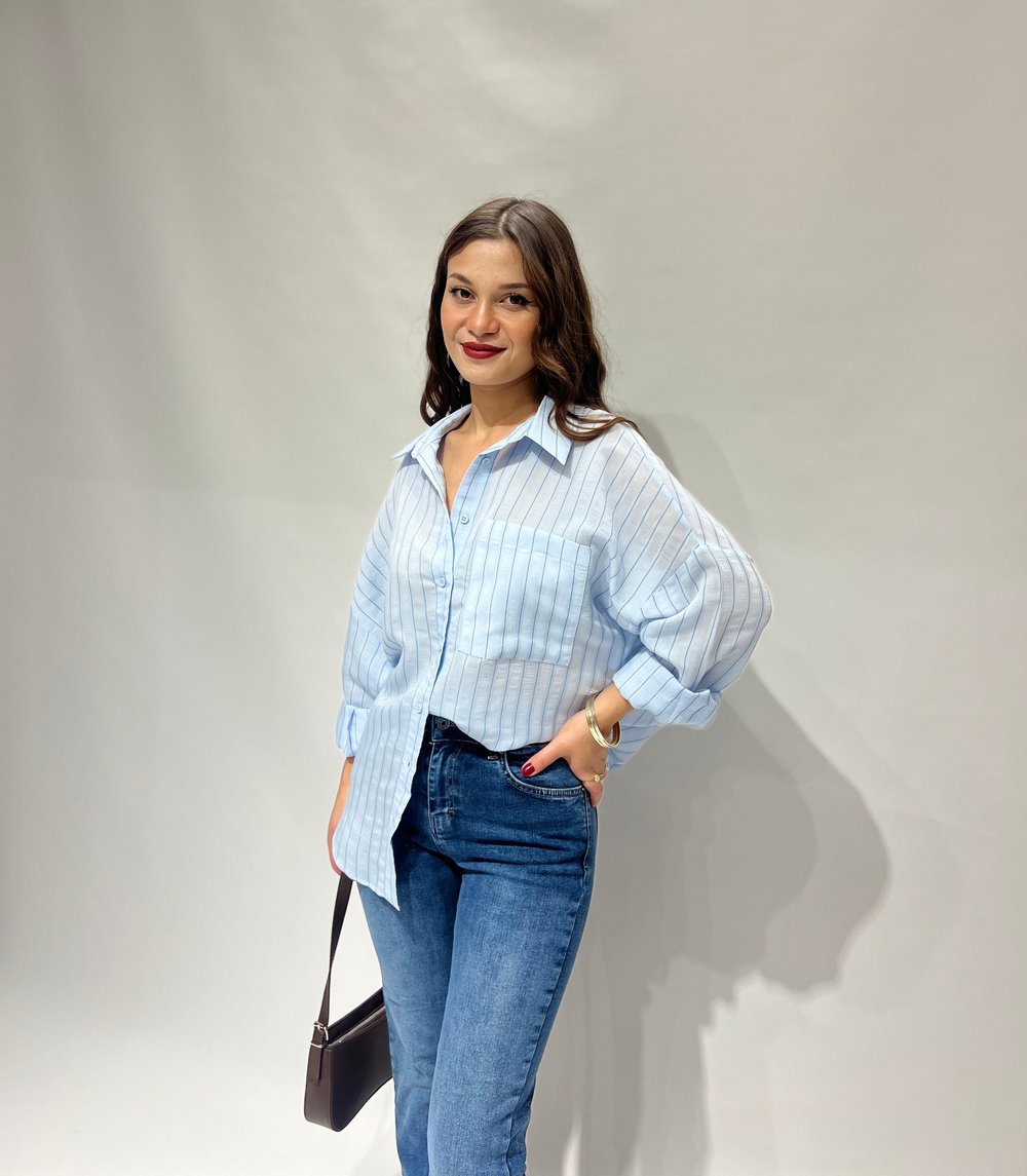 Bebe Mavisi Çizgili Oversize Gömlek