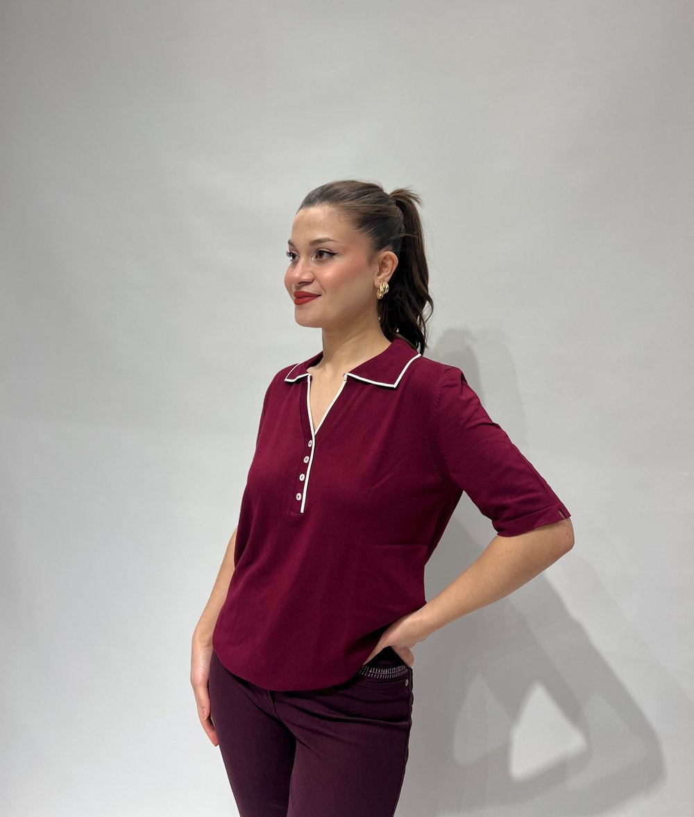 Bordo Krem Detaylı Polo Yaka Triko Bluz 