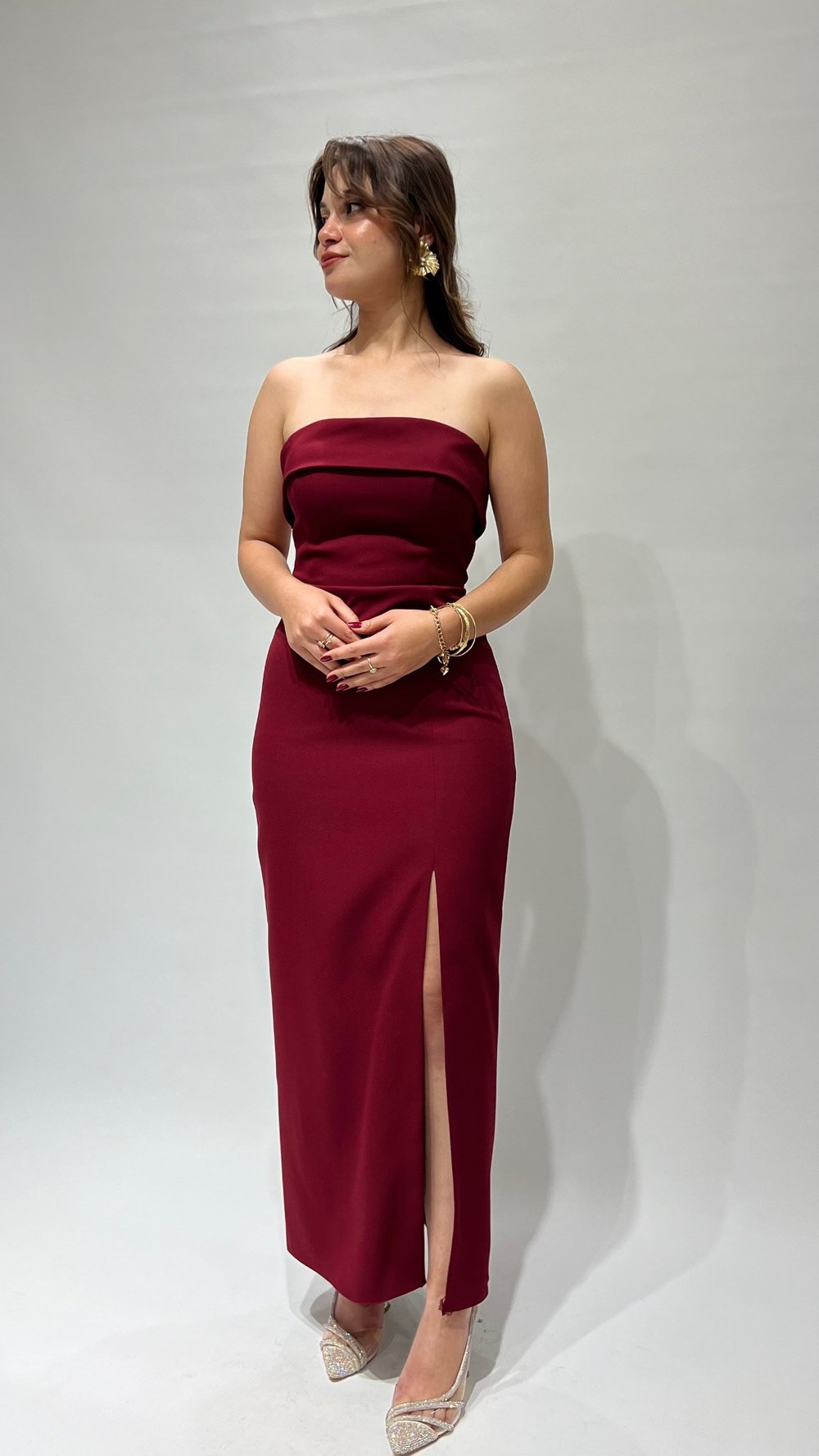 Bordo Straplez Maxi Boy Kısa Abiye
