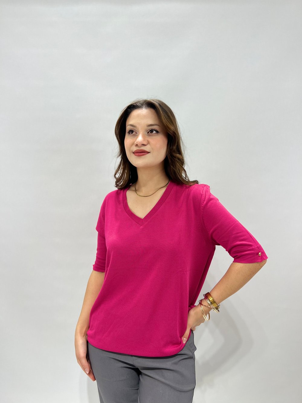Fuşya  Pembe V Yaka Kısa Kol Triko Bluz