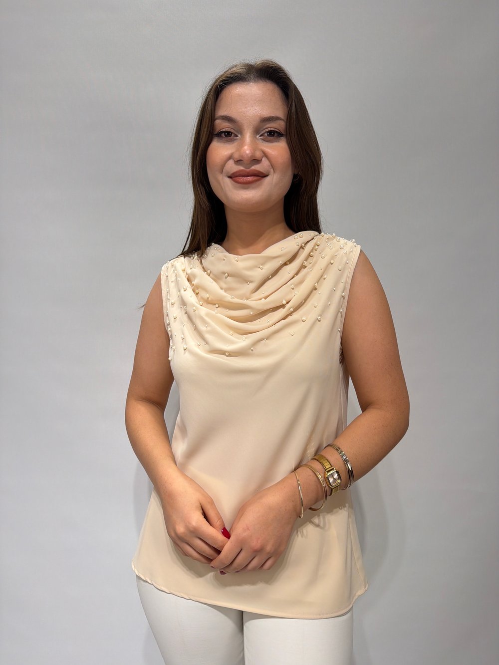 Krem Boncuklu Degaje Şifon Bluz