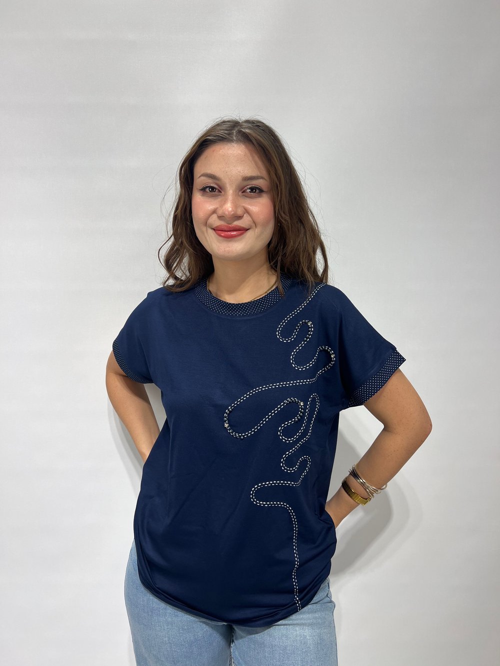 Lacivert Puantiye Detaylı Bluz 