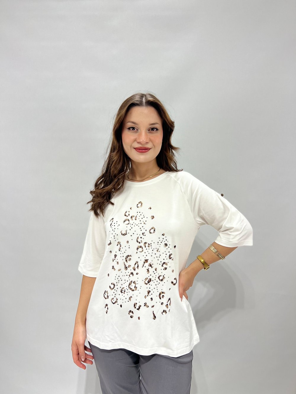 Leopar Detaylı Beyaz Bluz