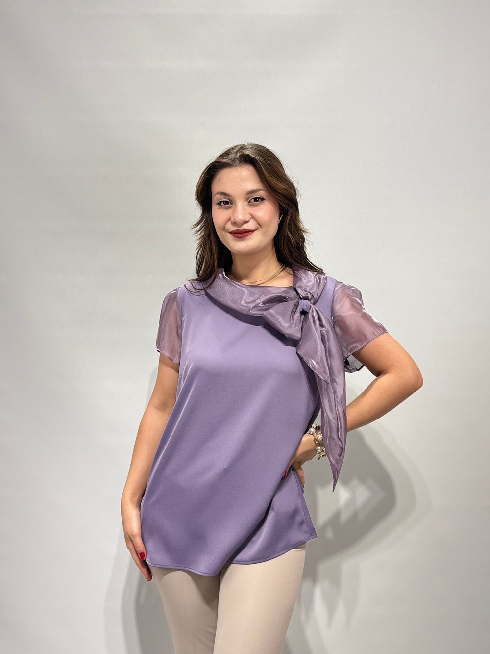 Lila Organze Fiyonk Detay Bluz